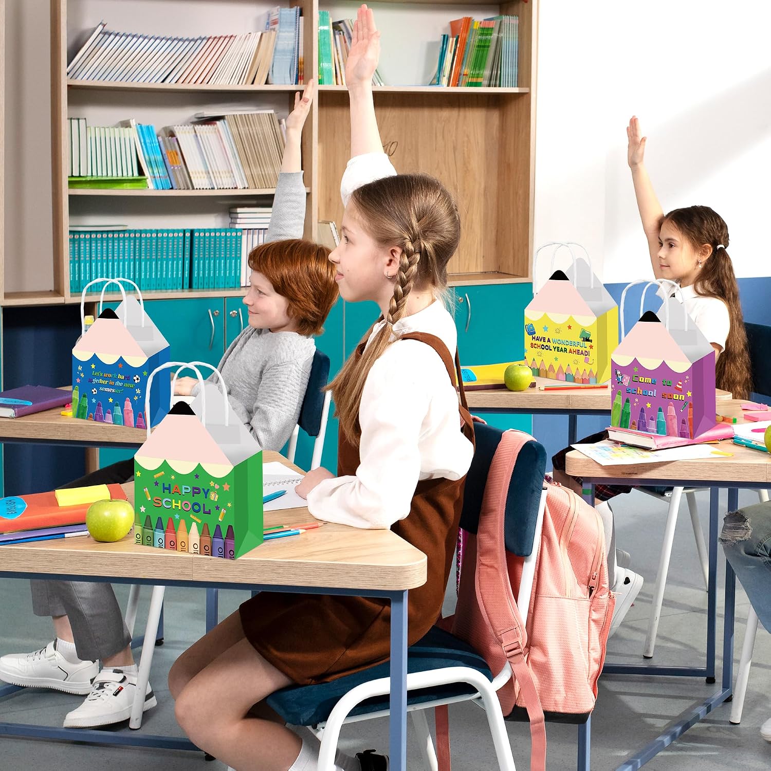 12Pcs Campus Pencil Shaped Gift Bags for Students, 8.3x6.3x3.1In - First Day of School Gift Bags, Pencil Candy Paper Bag with Handles for Teacher Appreciation, Welcome Classroom Party image 4