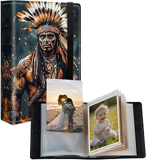Small Photo Album 5x7 for 120 Pictures, PU Leather Cover Picture Album with Elastic Band, Mini Photo Book for Family Baby Wedding Anniversary Travel Scrapbook, Indian Warrior