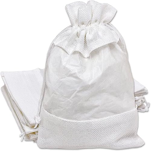 Miniatura 28 de 12 paquetes de grandes bolsas de regalo de arpillera de lino y organza con cordones (16.5x21.5 cm, beige/plata de lunares) - Favores de fiesta