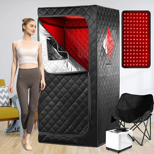 iDOTODO Portable Infrared Sauna for Home, One Person Steam Sauna, Full Body Sauna Tent for Relaxation,1 Person Steam Sauna Box with 660nm Red Light Therapy, 3L&1100W Sauna Steamer, Folding Chair