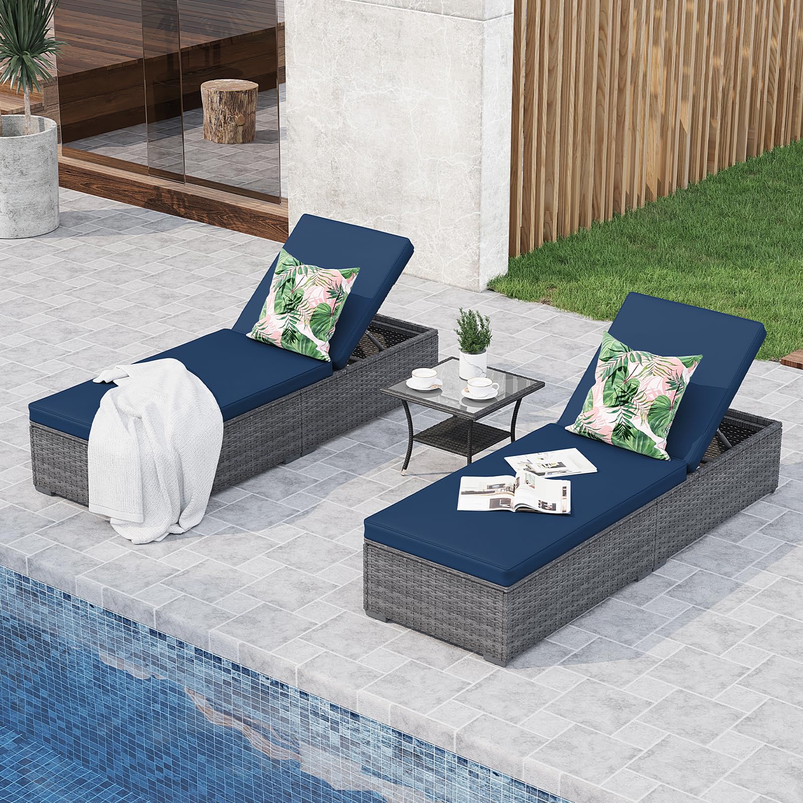 JOIVI Chaise Lounge Chairs Set of 2 w/Coffee Table, 5 Angle Backrest and Removable Cushions, PE Wicker Rattan Outdoor Lounge Chair Pool Lounger Patio Reclining Chair, 3-Piece Pool Furniture, Navy Blue