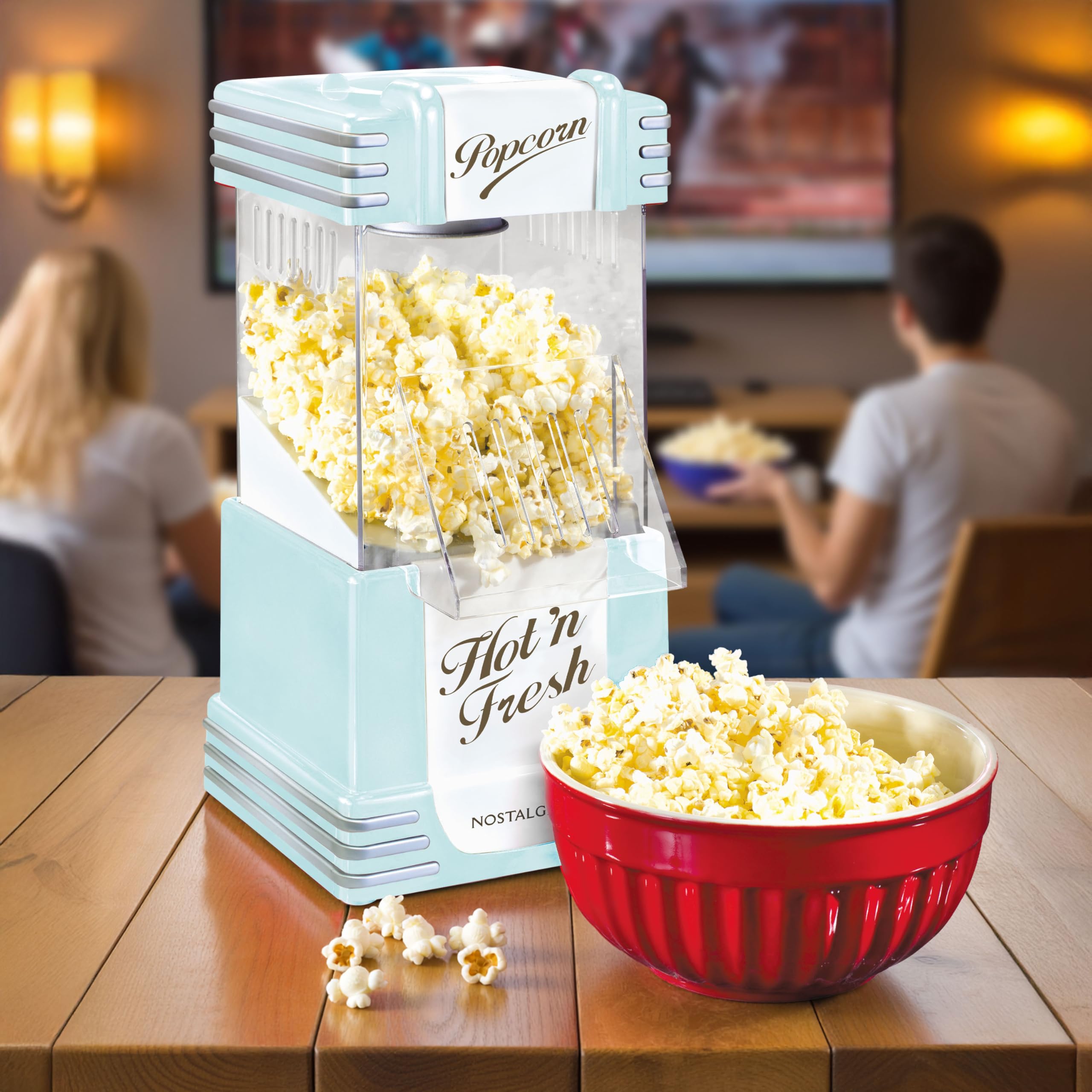 Nostalgia Macchina per popcorn ad aria calda retrò, 12 tazze senza olio, piano di lavoro con tazza di misurazione, snack sani e serata cinema, acqua