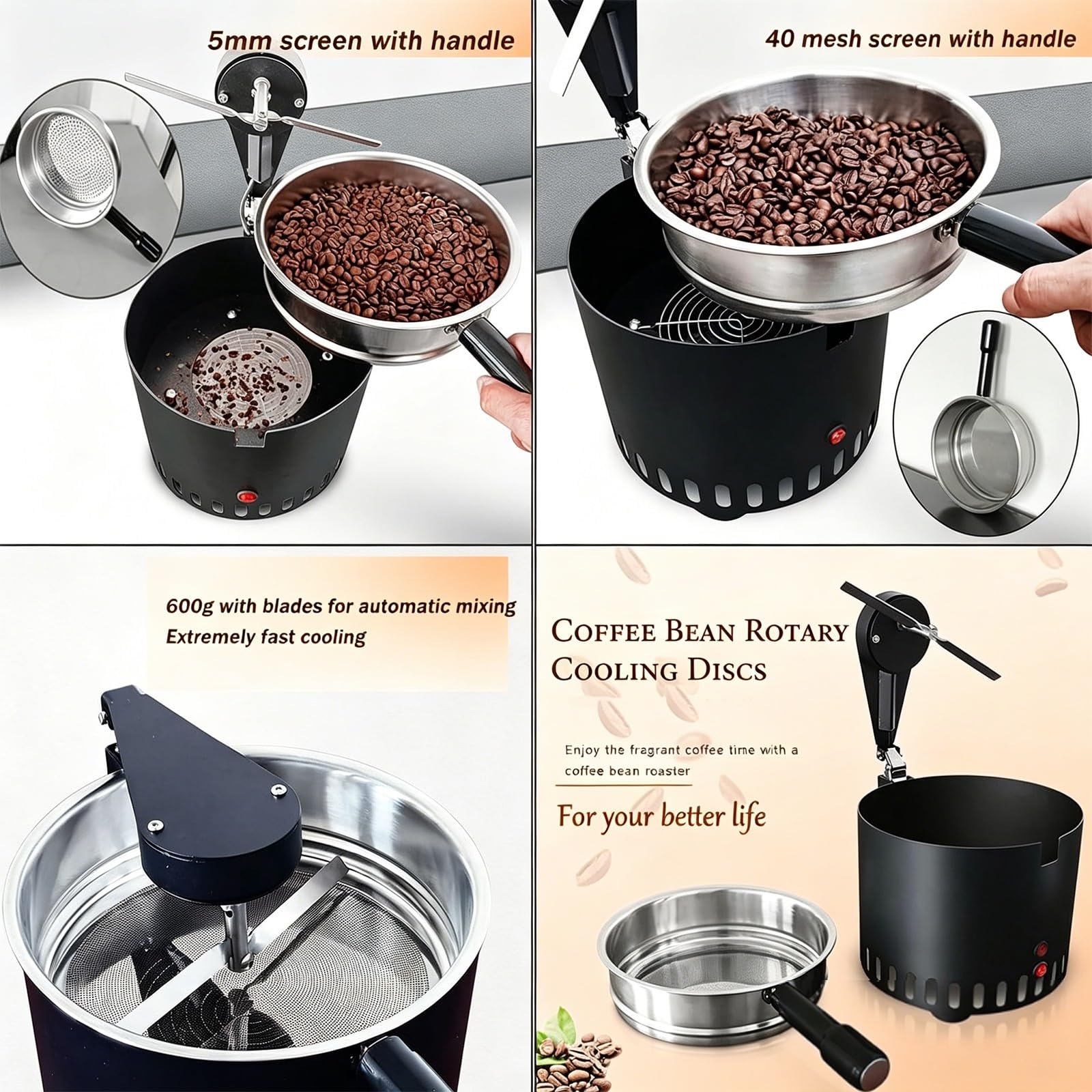 Bandeja de Enfriamiento de Café Eléctrica 500G, Enfriador de Granos Rotatorio con Agitación Automática, 40 Mallas y Tamices de 5 Mm for Asar en Casa
