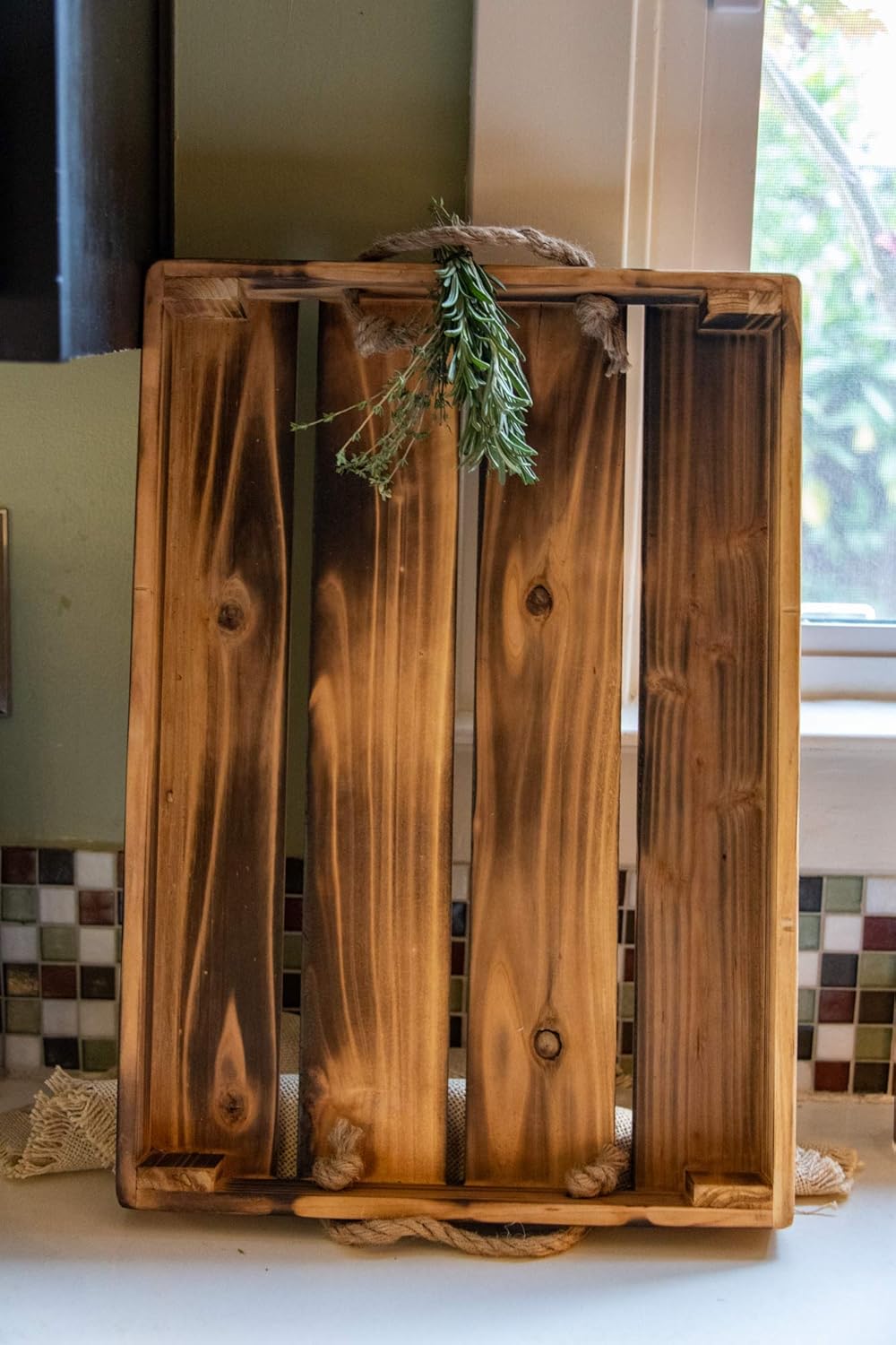 Super Deal Product Brilliest Large Wood Serving Tray with Rope Handles for Ottoman/Decor/Kitchen - Real Pine - Rustic Design - Rectangle Serving Tray