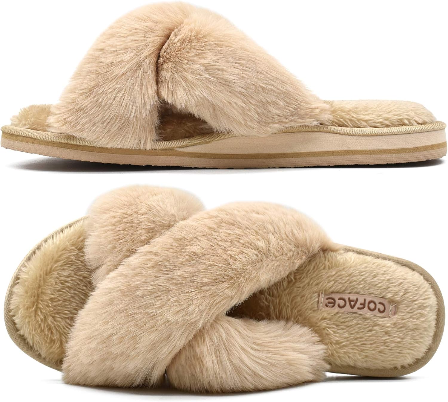 COFACE Womens Fuzzy Slides Fluffy Faux Fur Cross Slippers