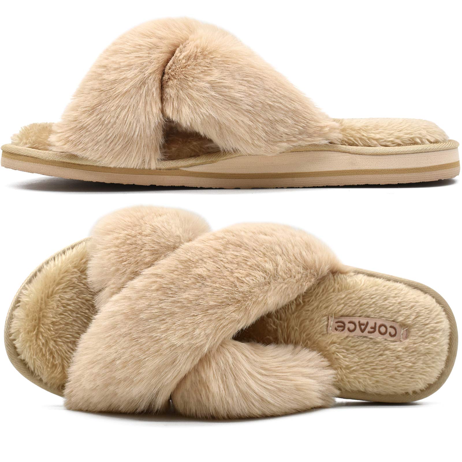 COFACEWomens Fuzzy Slides Fluffy Faux Fur House Slippers Open Toe Slip On Soft Memory Foam Slippers with Arch Support Indoor Outdoor,Clearance