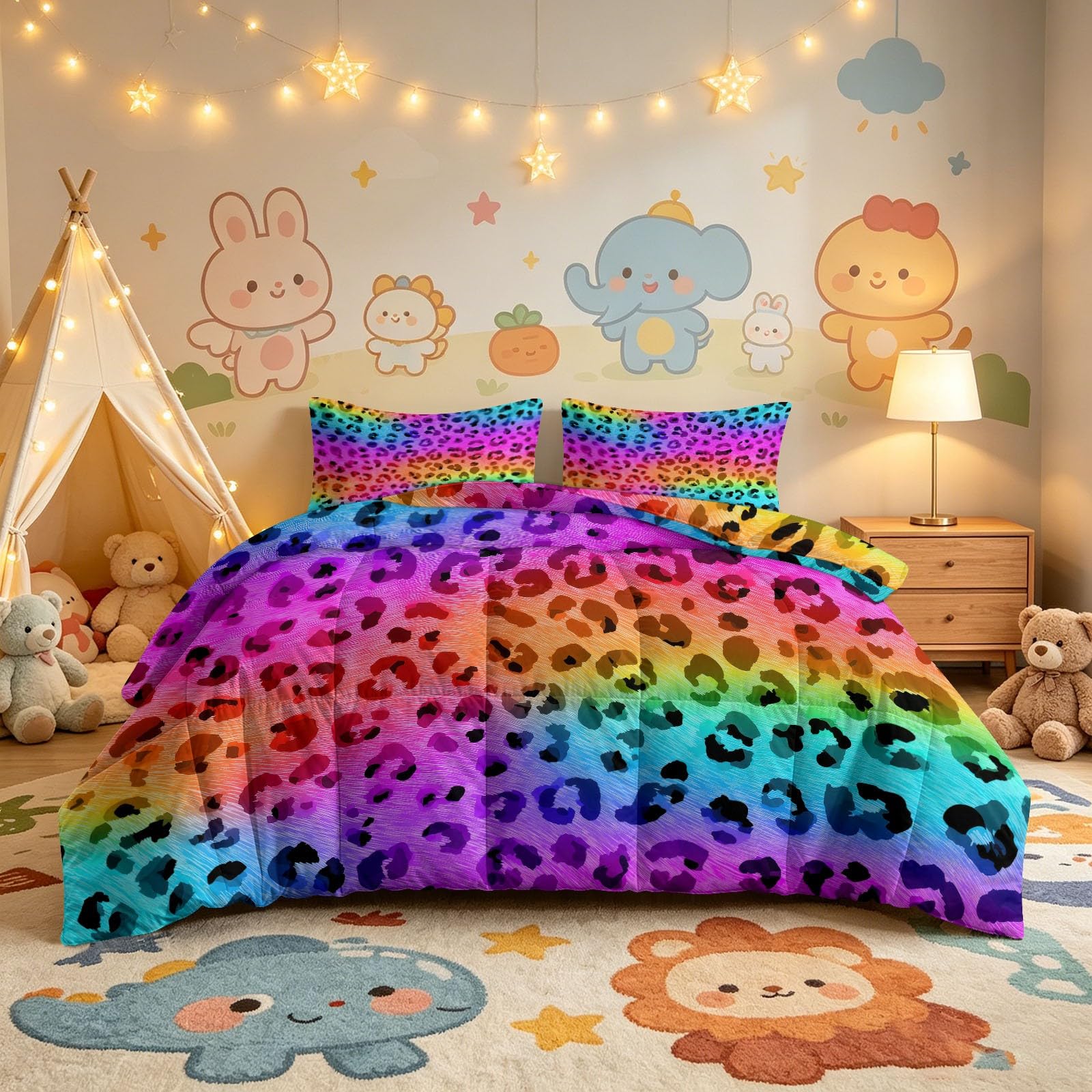 Modern Wild - Piumino 135 x 200 cm, 4 stagioni, morbido e anallergico, senza rivestimento, con motivo leopardato arcobaleno, leggero e lavabile, per tutto l'anno, con 2 federe