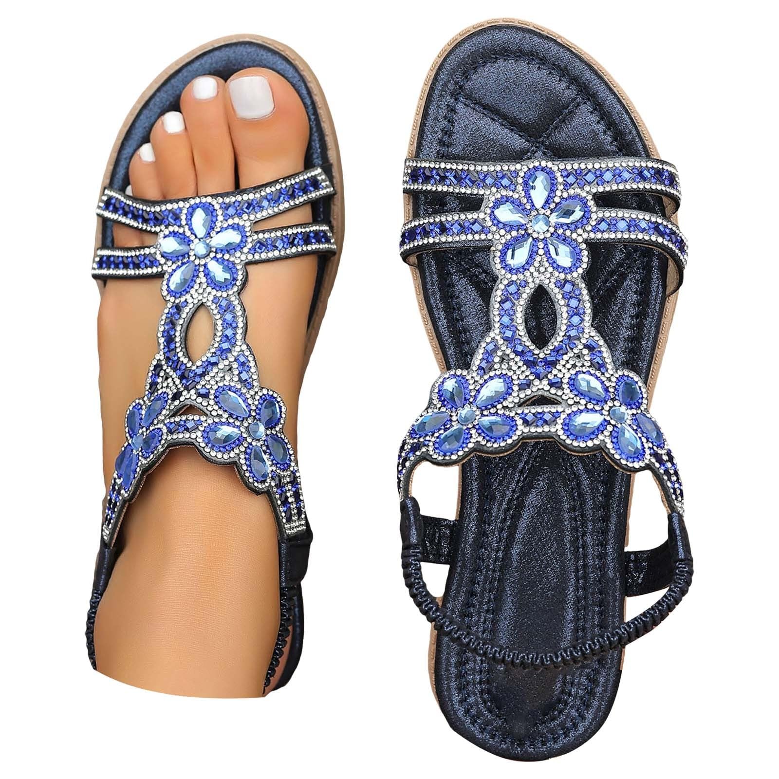 Gold Sandals For Women Ladies Sandals Size 5 Uk Flat Fashion Rhinestone Flat Roman Sandal With Ankle Straps Comfortable Soft Sole Lightweight Walking Sandal Slip Resistant Holidays Casual Shoes