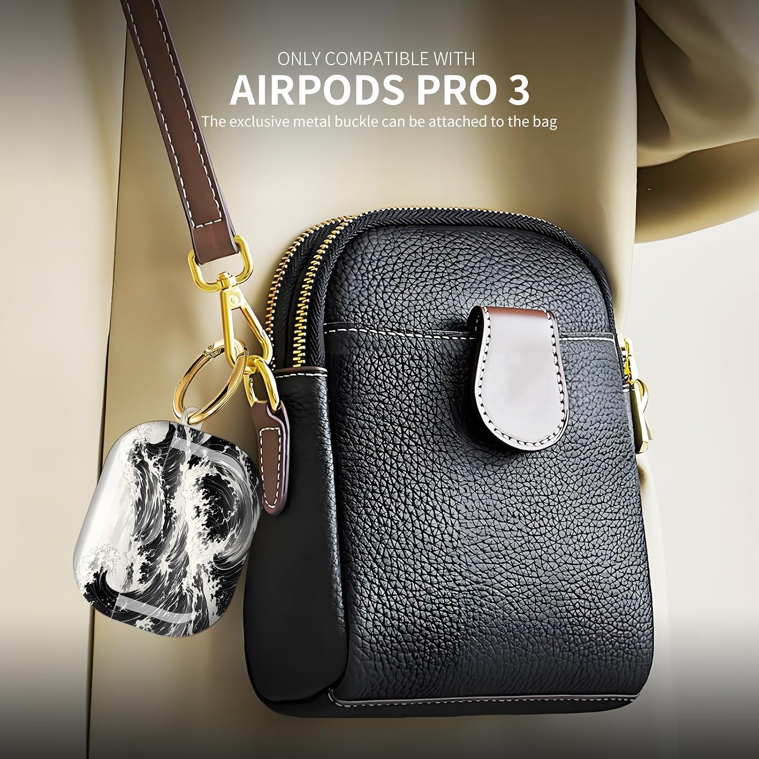 Shockproof Case Compatible with AirPods Pro 3 (2025) with Keychain, Unique Graphic Art Cover for Men & Women, Daily Commute, Wireless Charging Ready(Wave Black and White Art) image 3