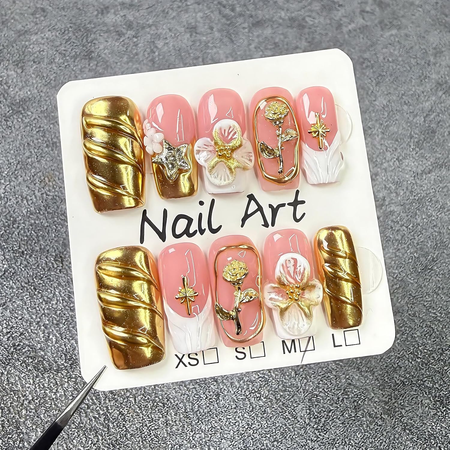 Handmade Press On Nails Almond Long Homemade Press On Nails French Tip With 3D Design Fake Nail Art For Women M