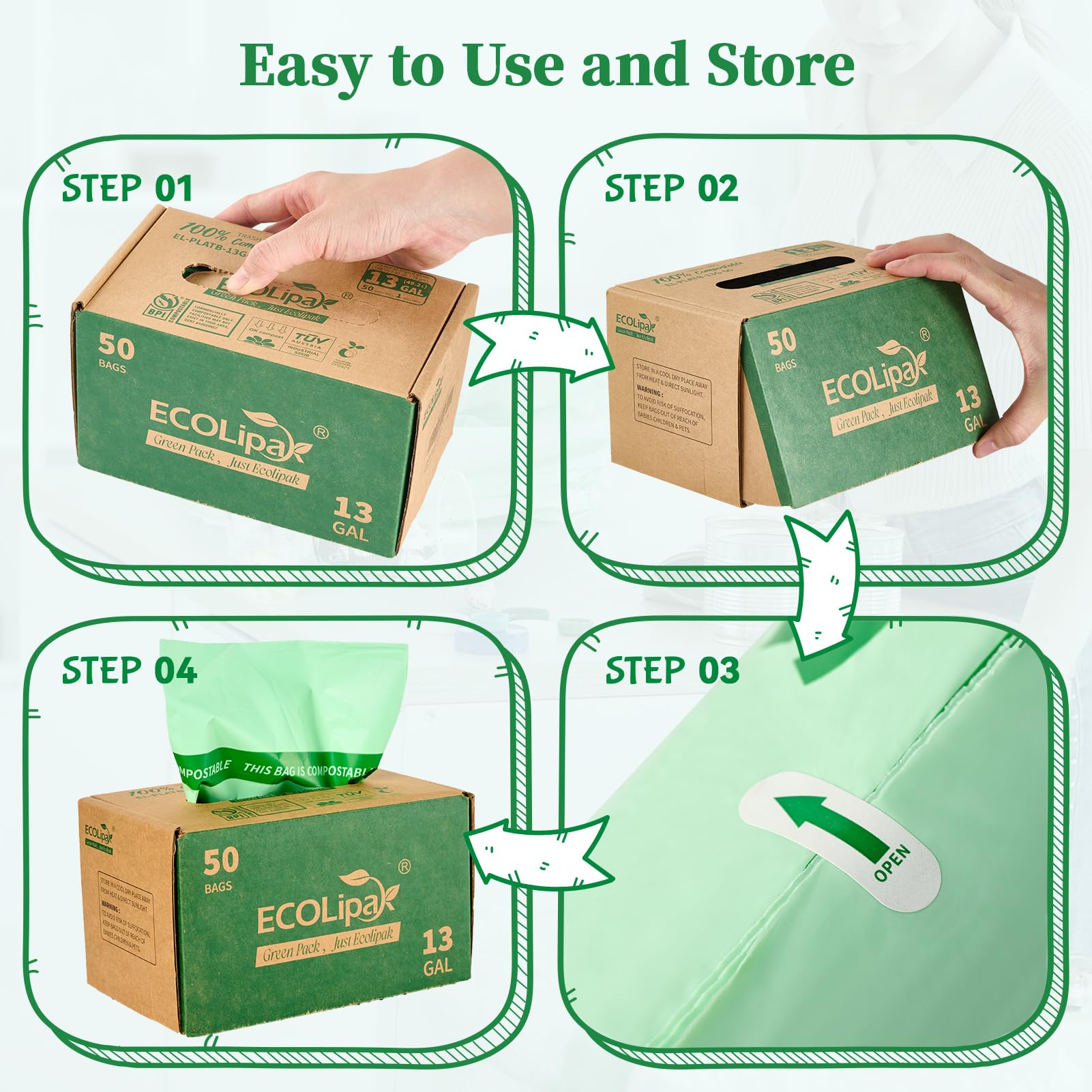 ECOLipak Bolsas de basura compostables de 13 galones, 50 unidades (1 rollo), biodegradables, resistentes, para baño, cocina, hogar, oficina, certificación BPI ASTM D6400 y OK Compost Home