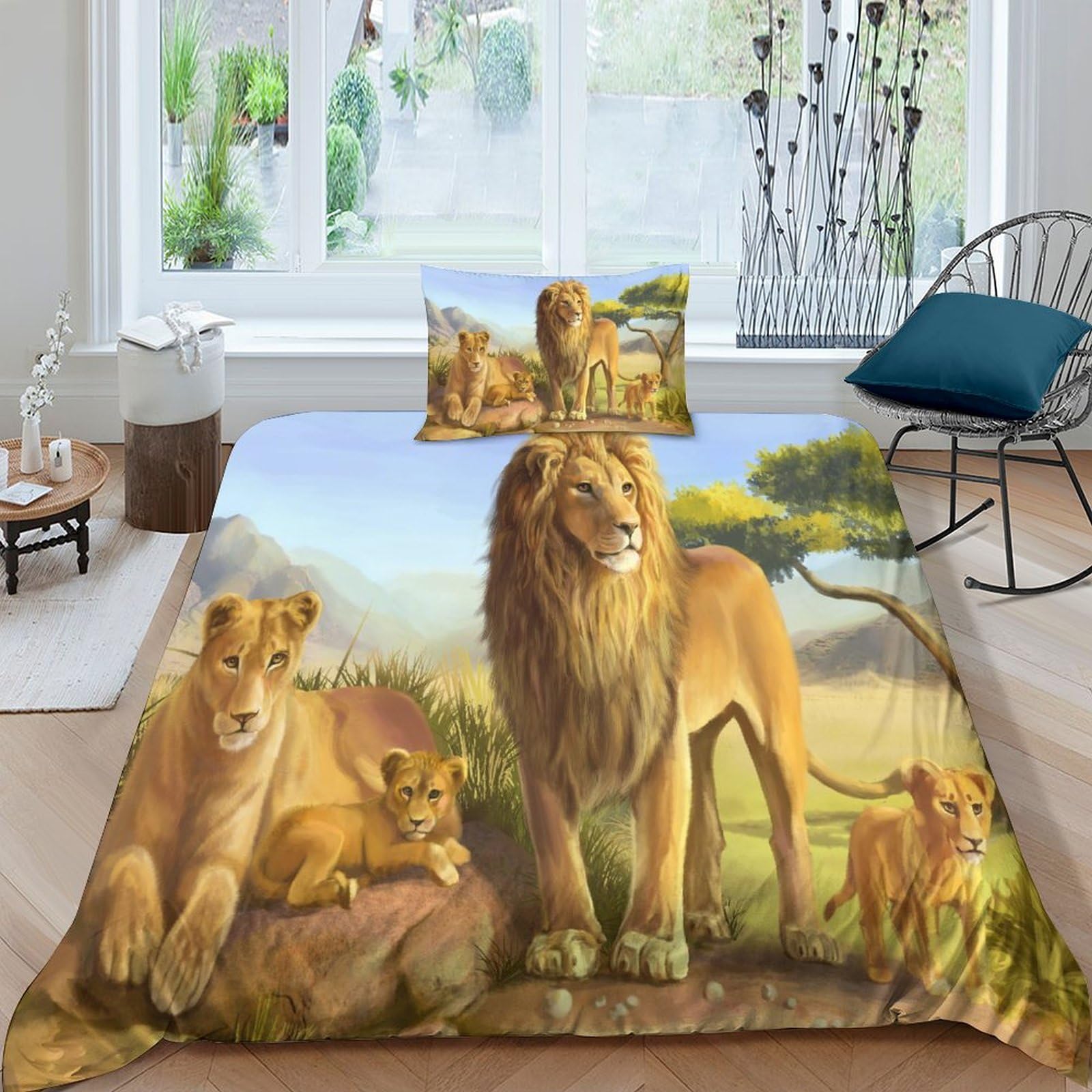 Housse de couette de lion imprimé 3D avec taies d'oreiller