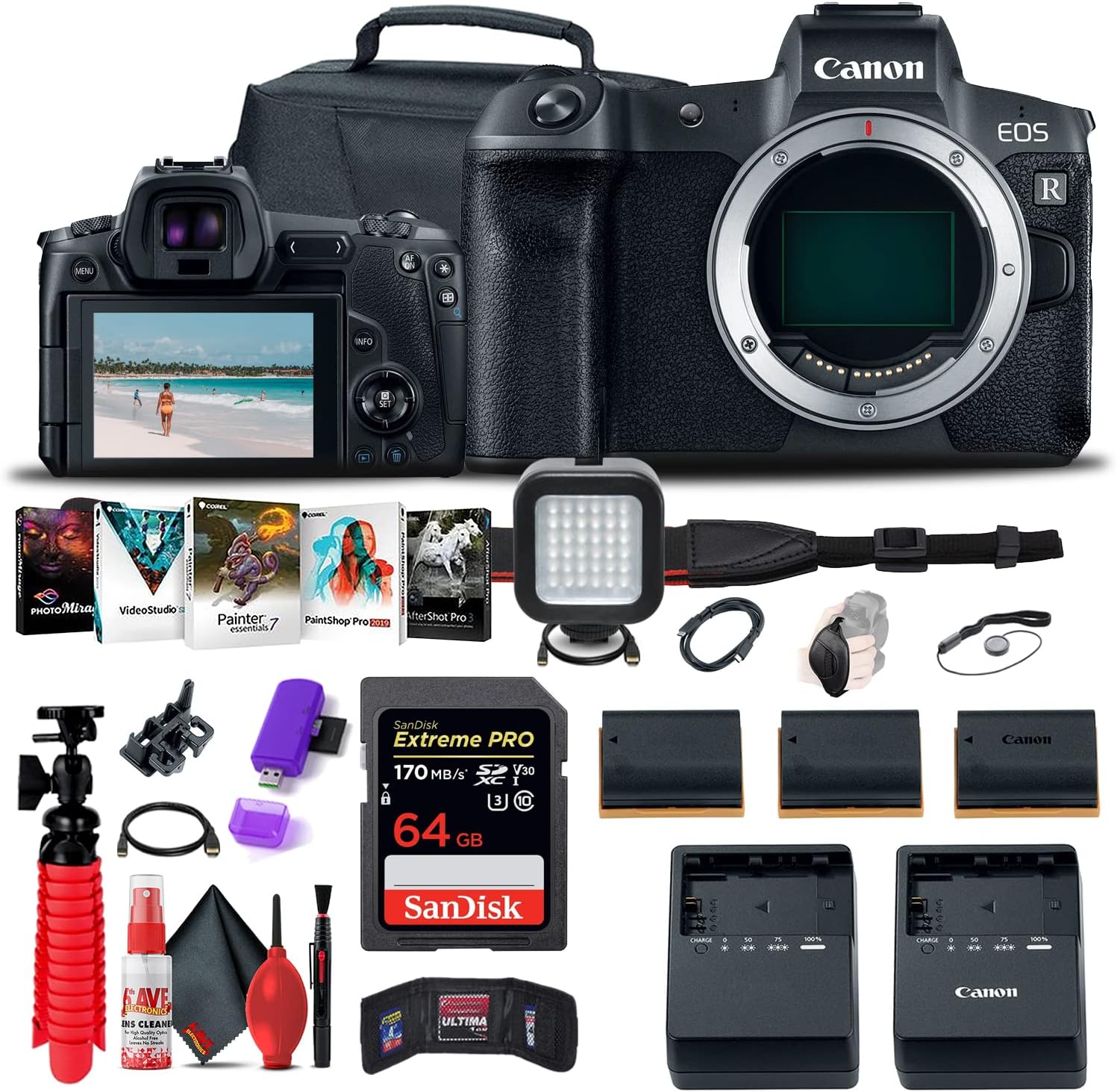 Canon EOS R Mirrorless Digital Camera (Body Only) (3075C002) + 64GB Memory Card + Case + Corel Photo Software + 2 x LPE6 Battery + Charger + Card Reader + LED Light + Flex Tripod + More (Renewed)