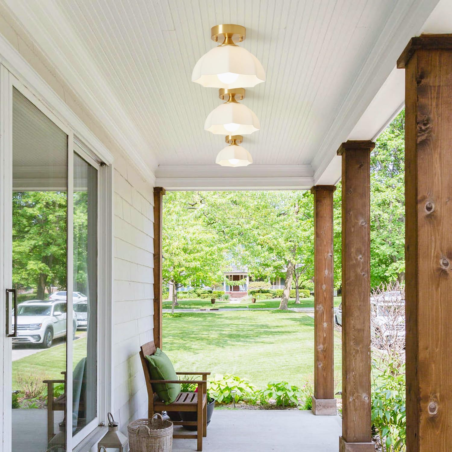 Modern Farmhouse Semi Flush Mount Ceiling Light Brushed Gold Hallway Light Fixture Small Brass Indoor Outdoor Ceiling Lamp White Glass Close to Ceiling Light for Bedroom Porch 3 Pack MCL10A-3