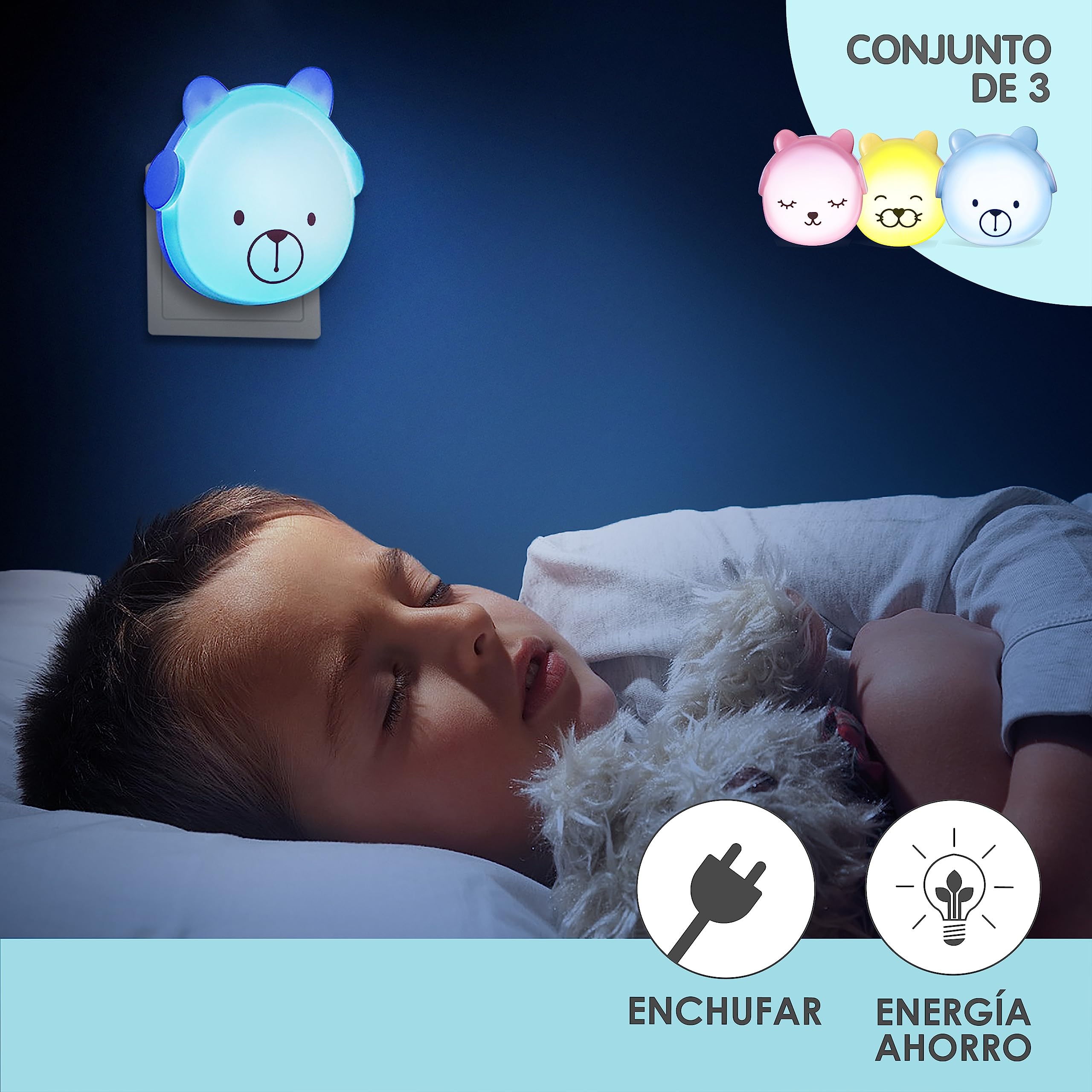 BRUNOKO Set 3 Ositos - Luz Nocturna Infantil con Sensor - quitamiedos Pared - Ideal para Habitación, Pasillos y Baño - Suave Luz de Noche para Niños - Fácil de Usar con Enchufe