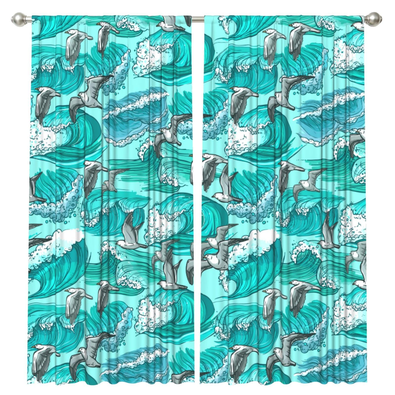 InOmak Waves Sketch Seagull Birds, 2 Panels Window Curtains 52 x 84 Inch Blackout Curtains for Living Room Bedroom