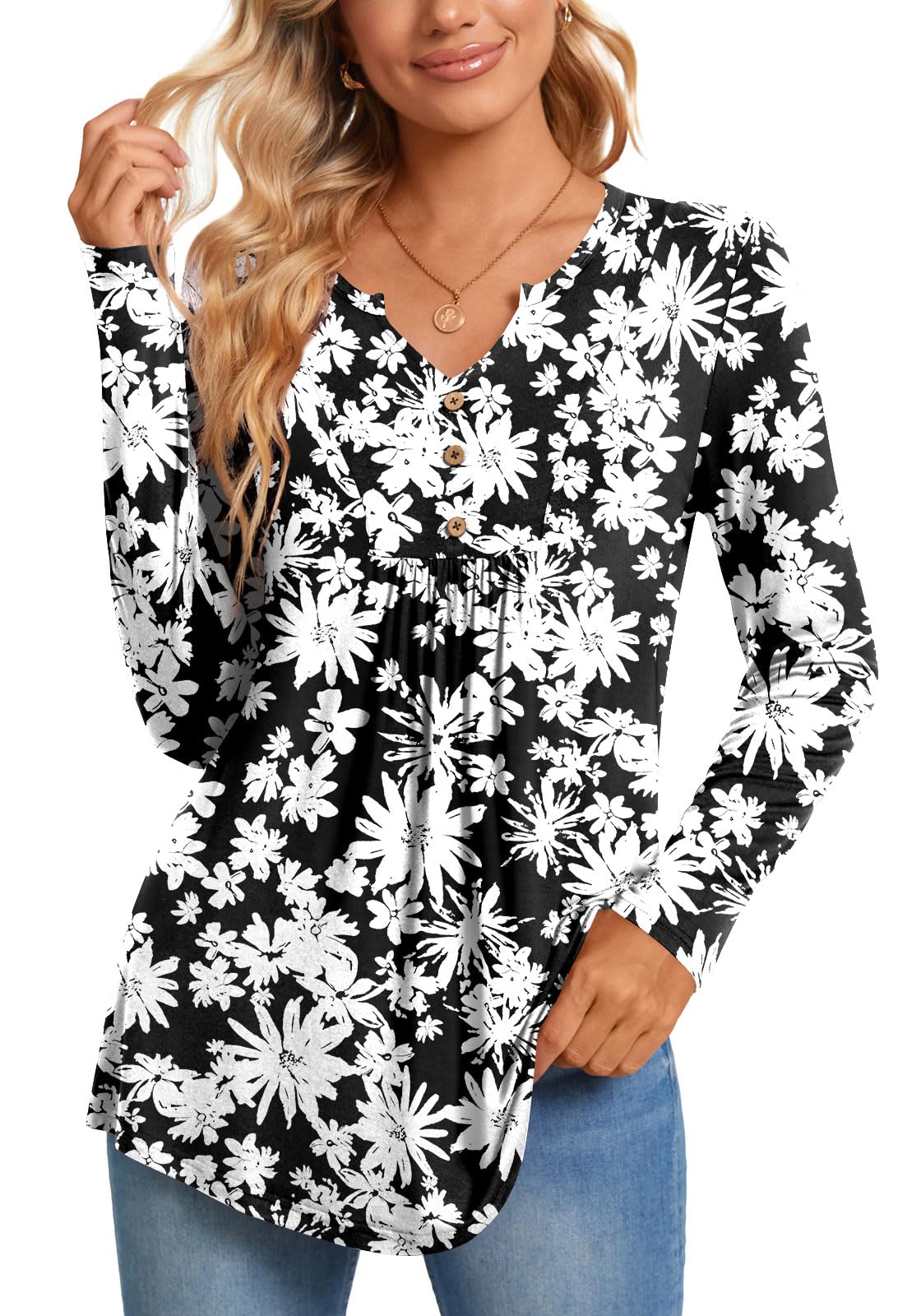 CATHY Womens Long Sleeve Tops 2026 Fall Fashion Henley Shirts Dressy Casual Pleated Tunic V-neck Button Down Blouses