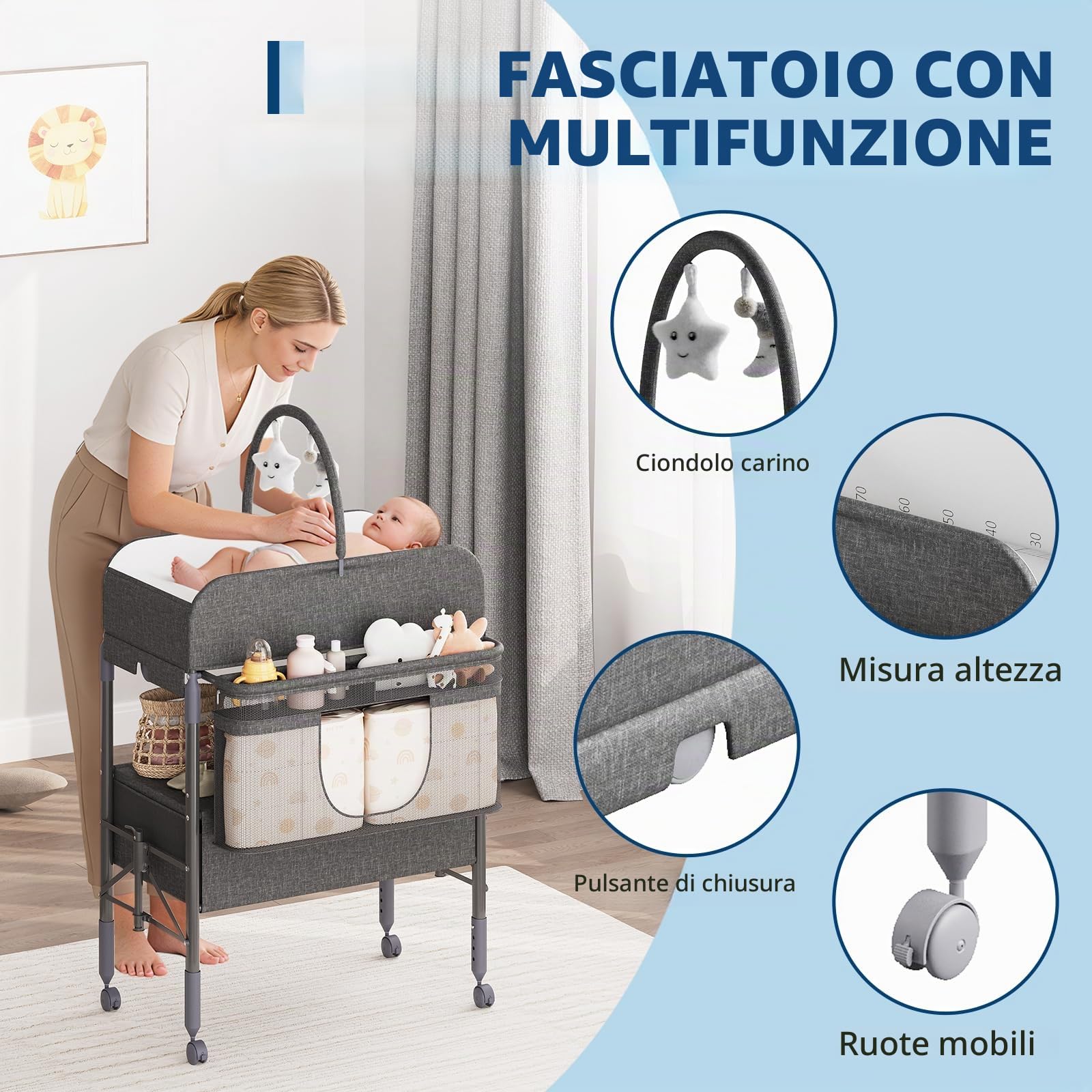 Fasciatoio Pieghevole Neonato Con 2 Cassetti, Altezza Regolabile, Materassino Impermeabile, Organizzazione Salvaspazio, Asta Appendiabiti & 4 Ruote Bloccabili, Grigio Scuro