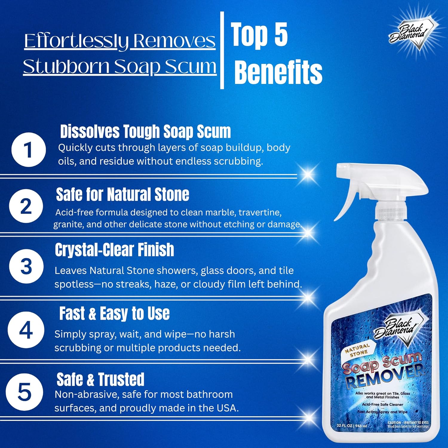 Black Diamond Stoneworks Natural Stone Shower Soap Scum Remover Spray. For Cleaning Bathtubs, Glass Doors, Tubs, Travertine, Marble, Tile. Heavy Duty, Safe Acid-Free Cleaner. Safe for fixtures. - Image 3