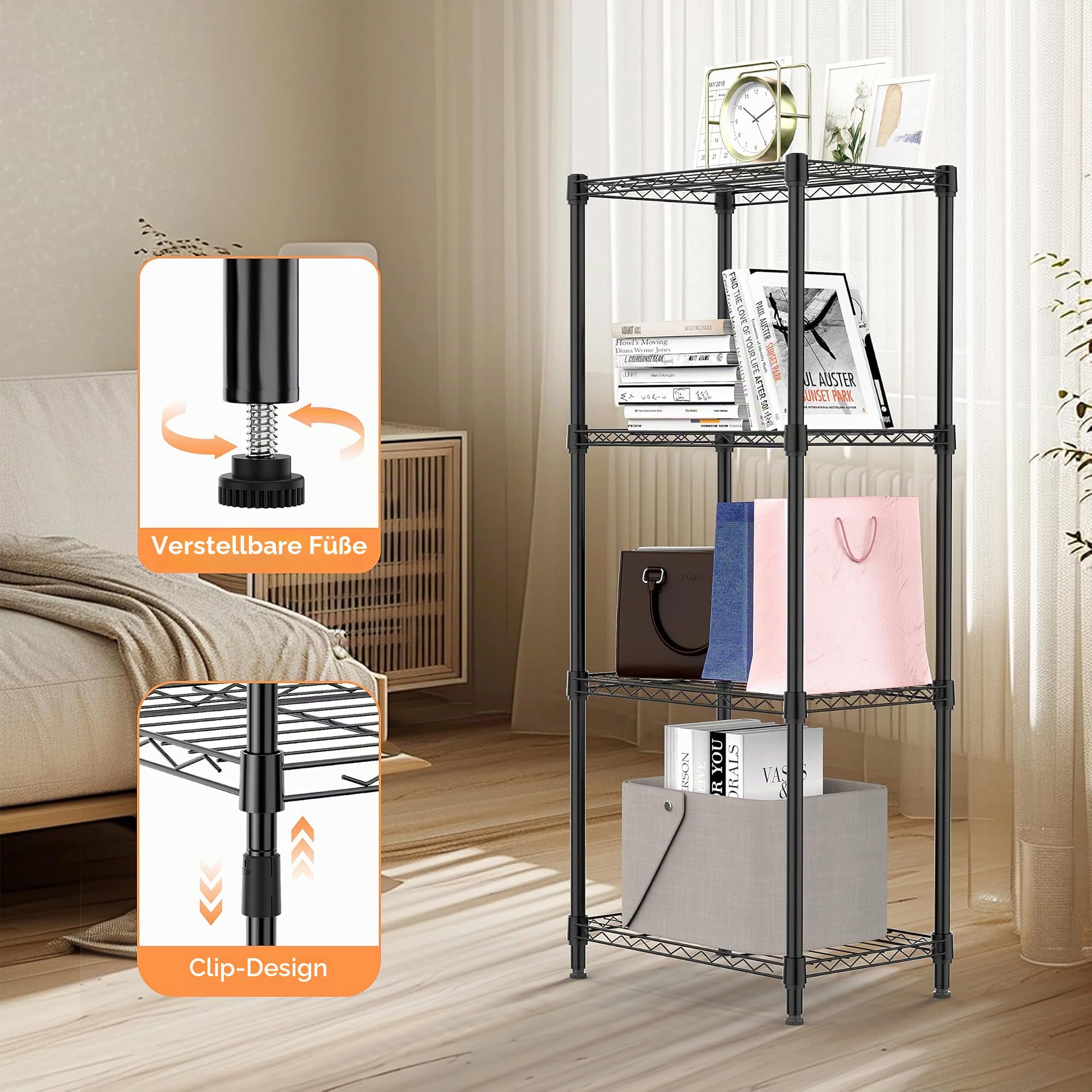 M MZG 4-stufiges Metallregal, platzsparendes Aufbewahrungsregal für Küche, Bad, Büro, Vorratsraum und Abstellraum, Schwarz, 30×45×106.4 cm