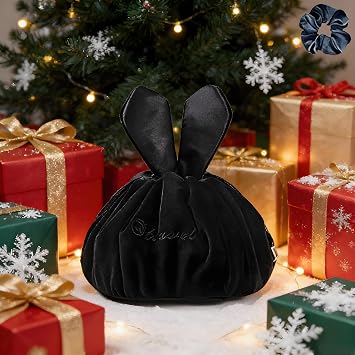 Drawstring Makeup Bag - Lazy Cosmetic Bag Velvet Drawstring Travel Cosmetic Bag Portable Travel Makeup Pouch Magic Toiletry Bag for Womens Girls (Velvet Black)