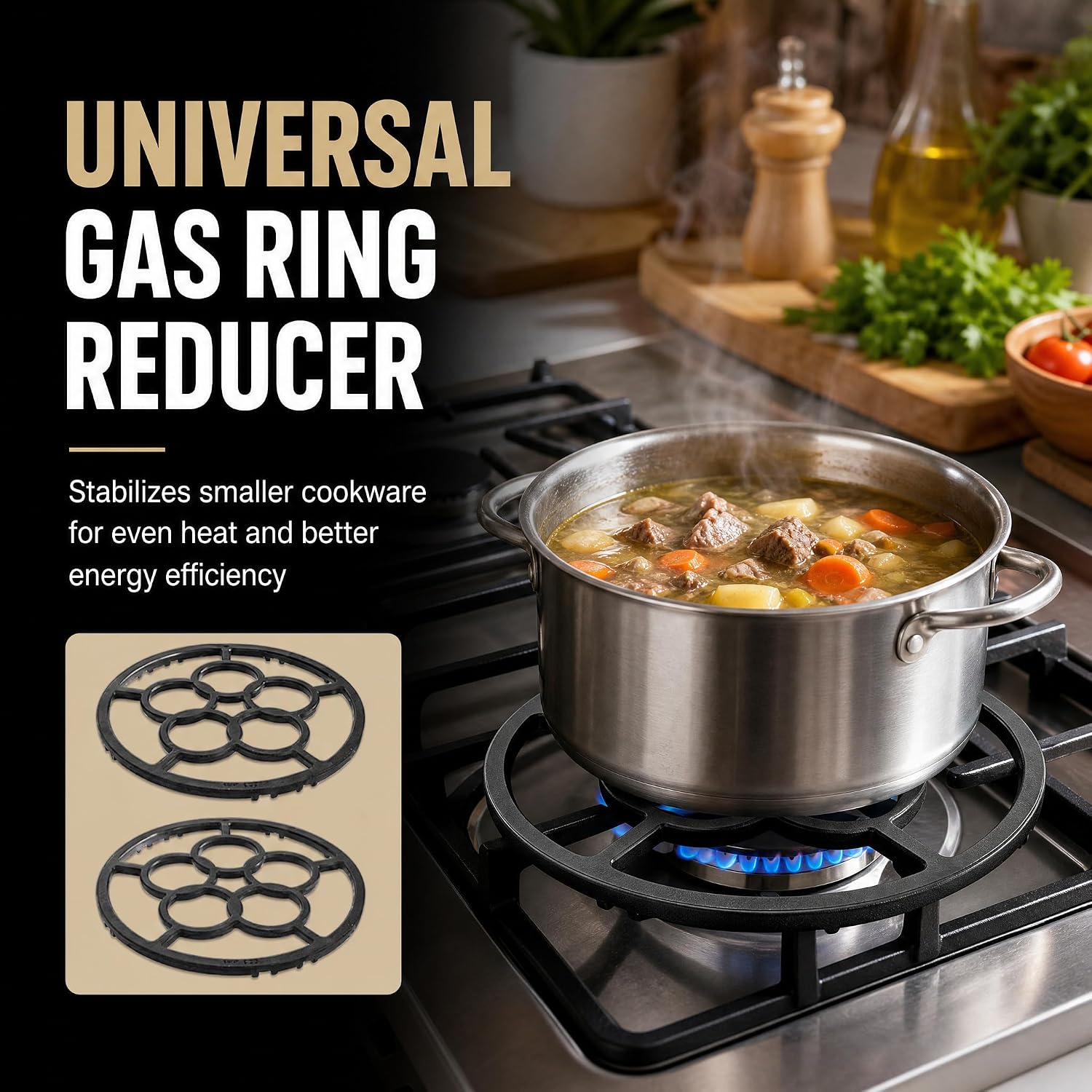 WUWEOT 2 Pack Cast Iron Wok Support Ring, 7.28 Inch Non Slip Gas Hob Ring Reducer, Metal Stovetop Stand Trivets Extender for Moka Pot Coffee Pot Small Saucepan