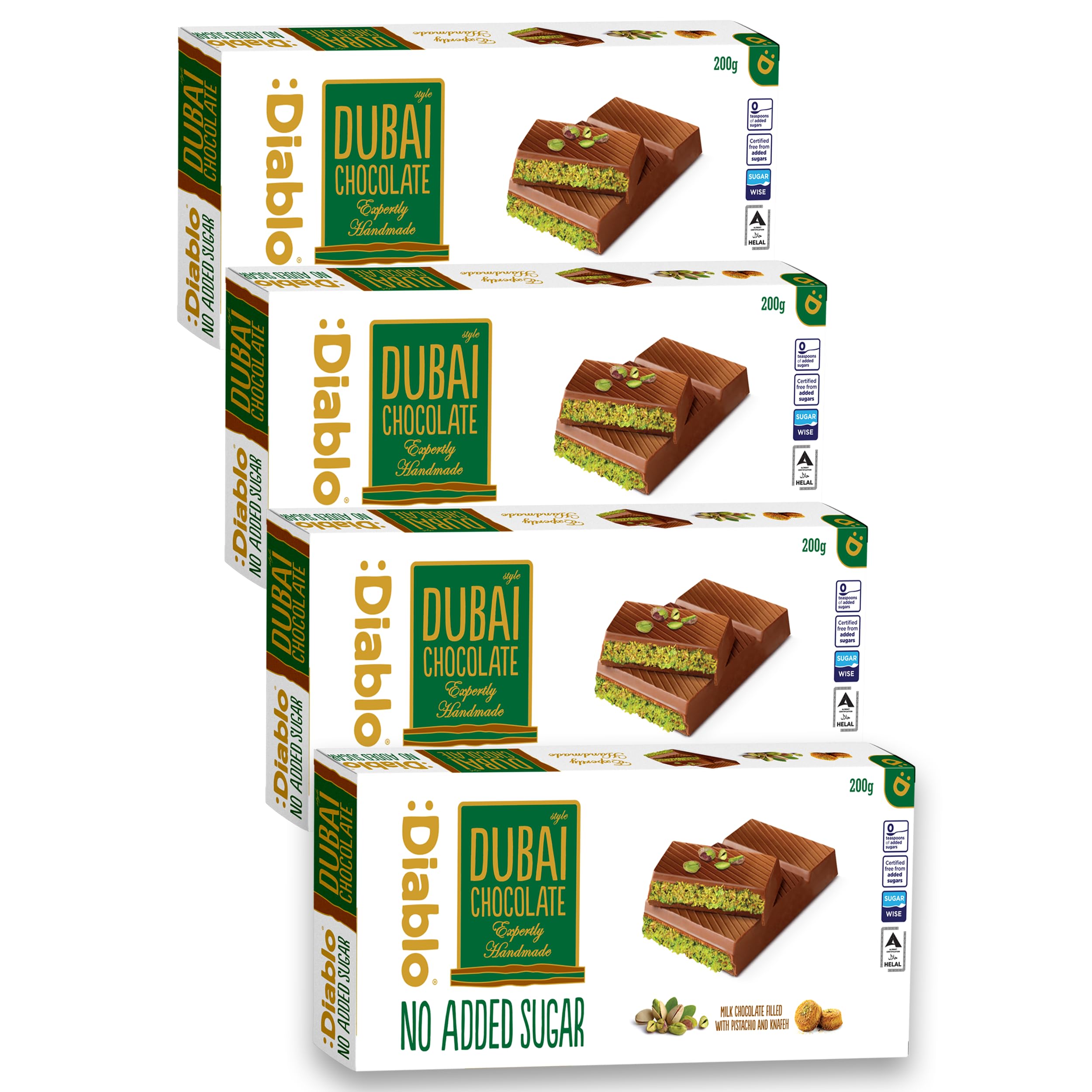 Diablo No Added Sugar Dubai Chocolate Bar – Smooth & Rich No Added Sugar Chocolate for All, Great for Gifting on Christmas, Birthdays, Valentines & More, Ideal Snack for Adults & Kids, 200g Pack of 4