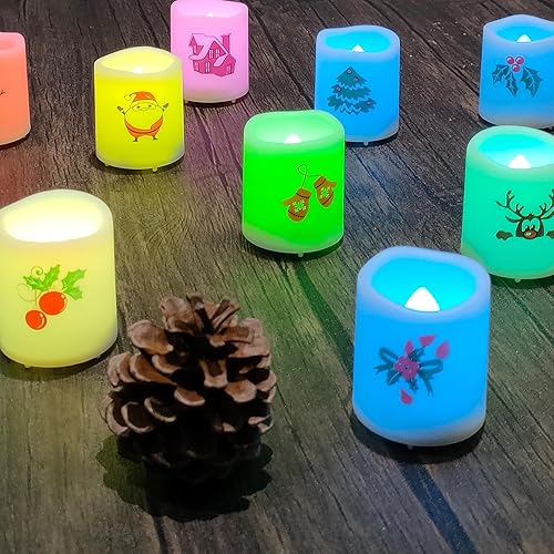 Miniatura 6 de Juego de 12 velas votivas LED sin llama que cambian de color con Papá Noel, árbol de Navidad, campana, caramelos, renos, calcomanías de colores que