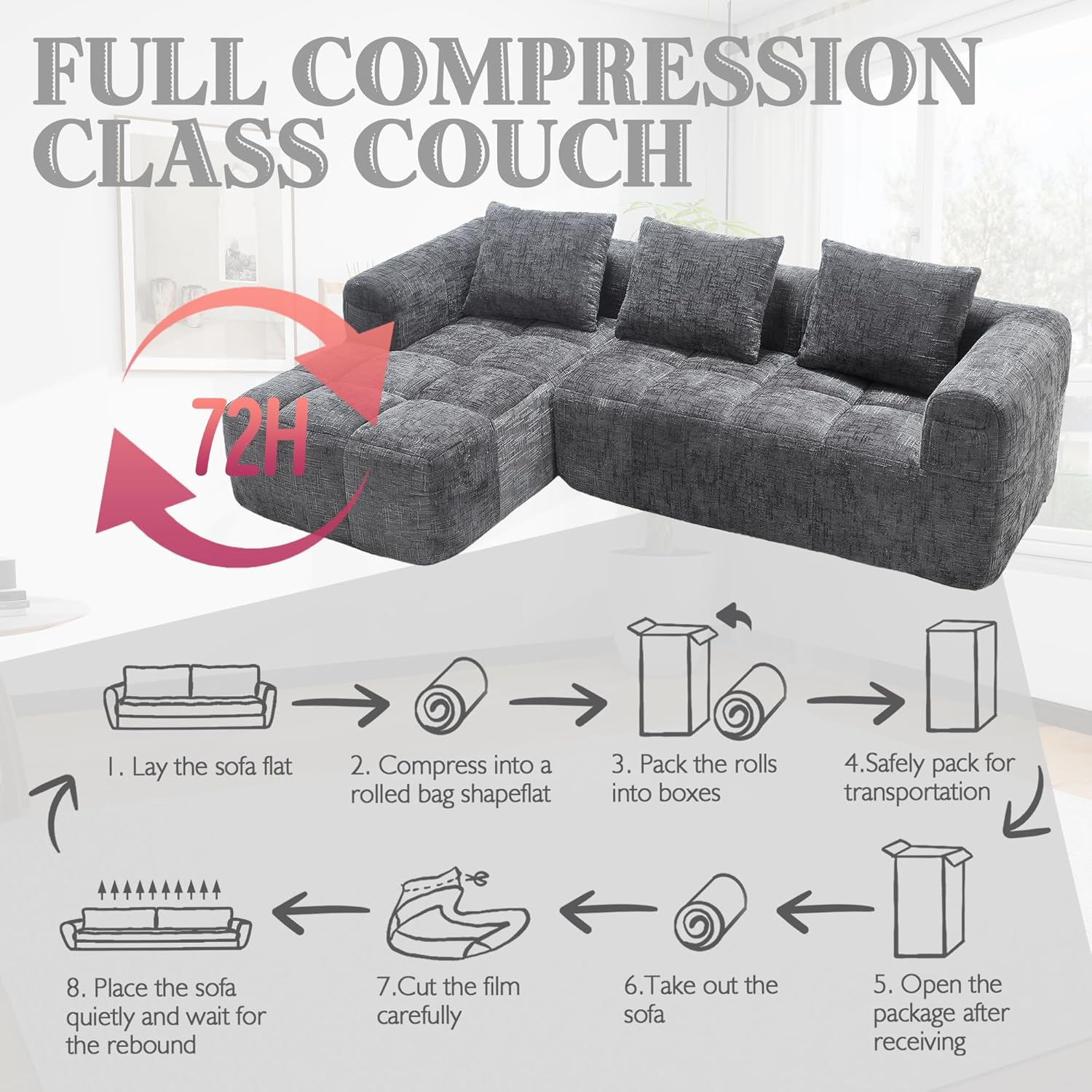 98.42" Cloud Sectional Couch with L-Shape Chaise,Modern Modular Sofa with Deep Seat, Upholstered Couches for Living Room Bedroom,No Assembly Required (Gray)