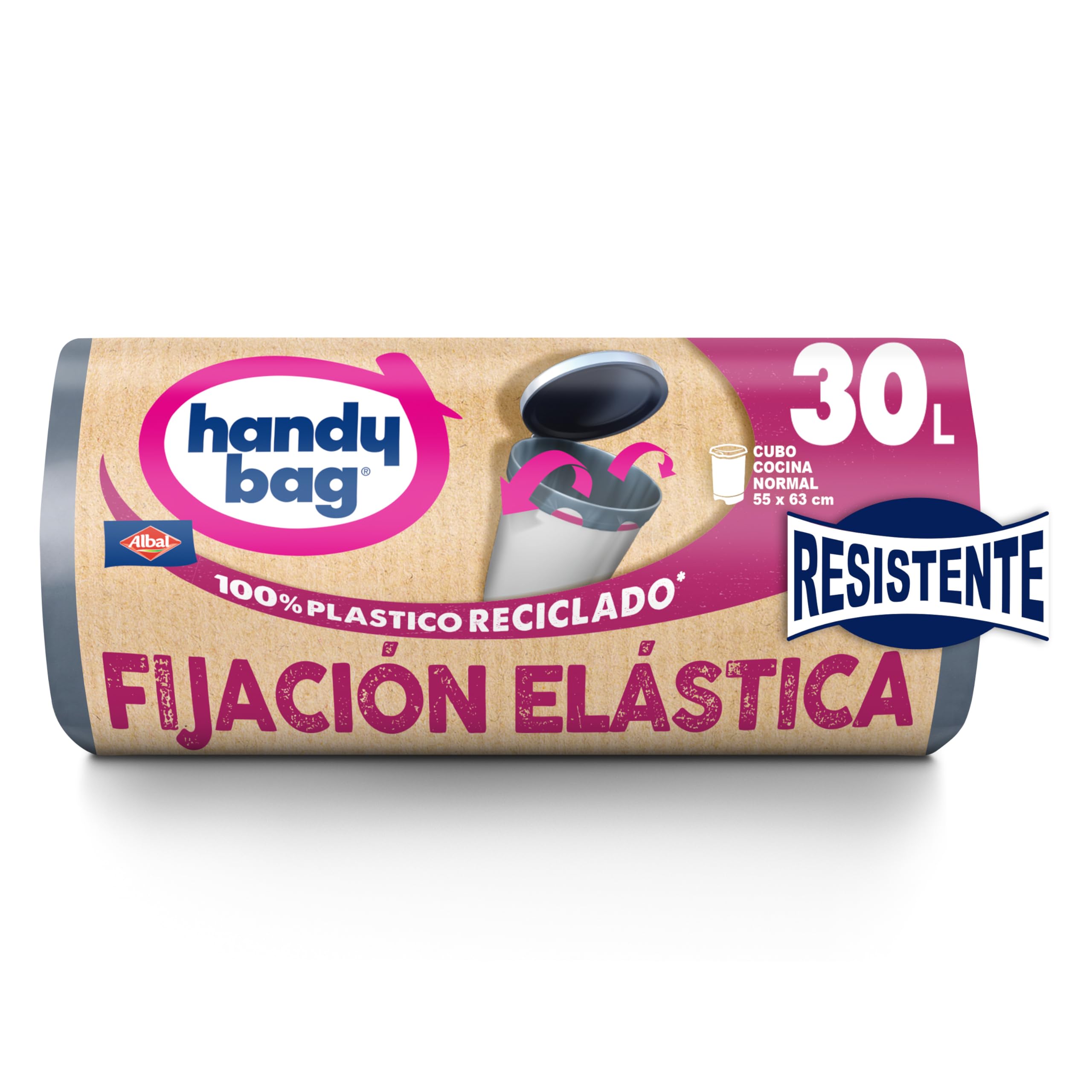 Handy Bag Bolsas de basura Fijación Elástica - Bolsas para cubo de basura de cocina, resistentes y antigoteo, con cinta autocierre elástica y triple capa, 100% plástico reciclado, 30L, 12 bolsas