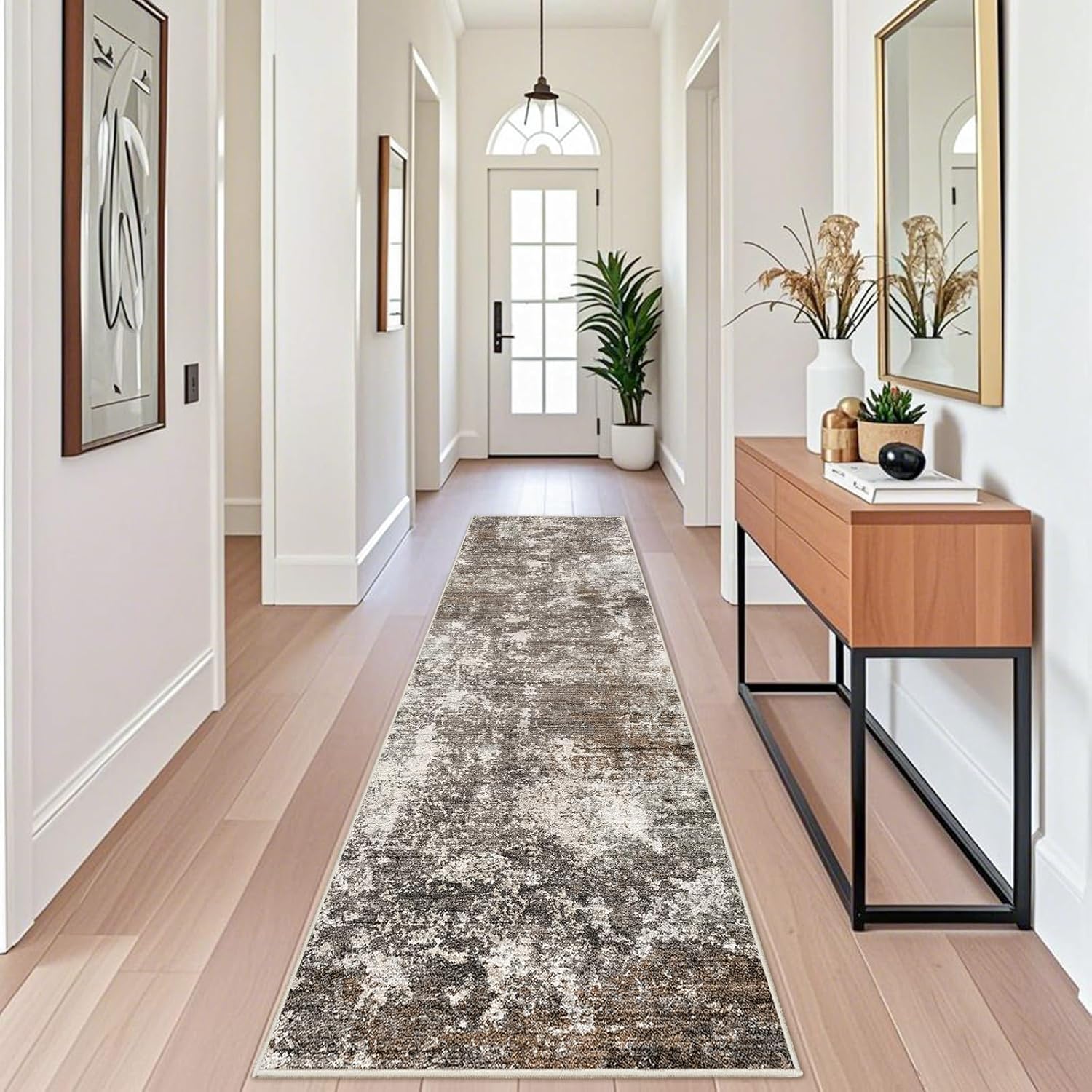 Condition photo showing New/Like New for 2x10 washable hallway runner rug – non-slip stain-resistant low-pile long carpet runner for kitchen entryway living room bedroom bathroom, modern abstract neutral (brown beige,2x10) 2' x 10' (rectangular) brown beige