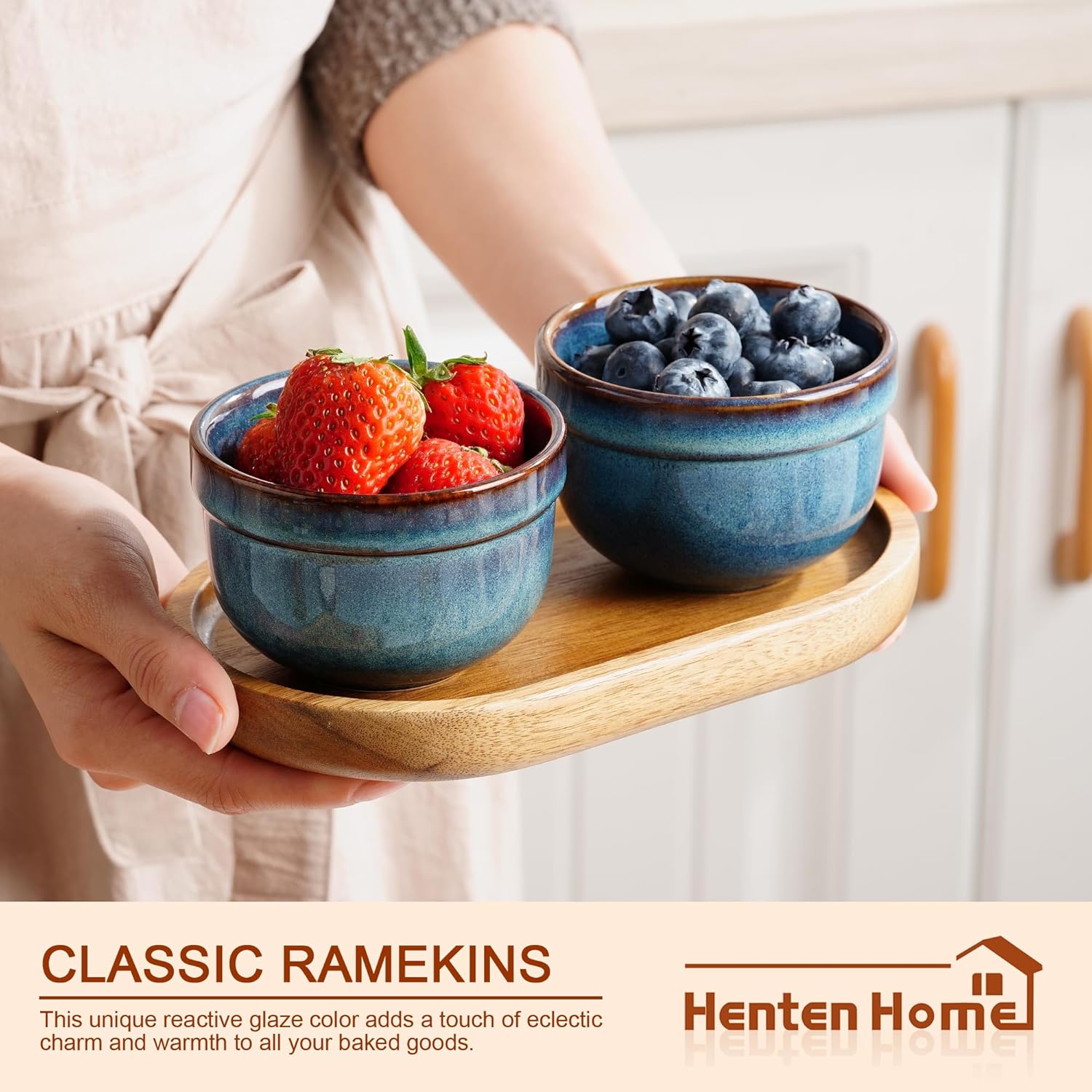 Henten Home 6 oz Ramekins Set Oven Safe, Ceramic Creme Brulee Ramekins Set of 6, Baking Cups for Pudding, Souffle, Ice Cream, Snack, Dipping (Blue)
