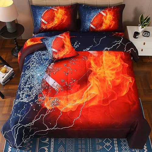 JQinHome Juego de edredón completo de fútbol y fuego para niños, ropa de cama de 6 piezas en una bolsa, ropa de cama con temática deportiva en 3D,
