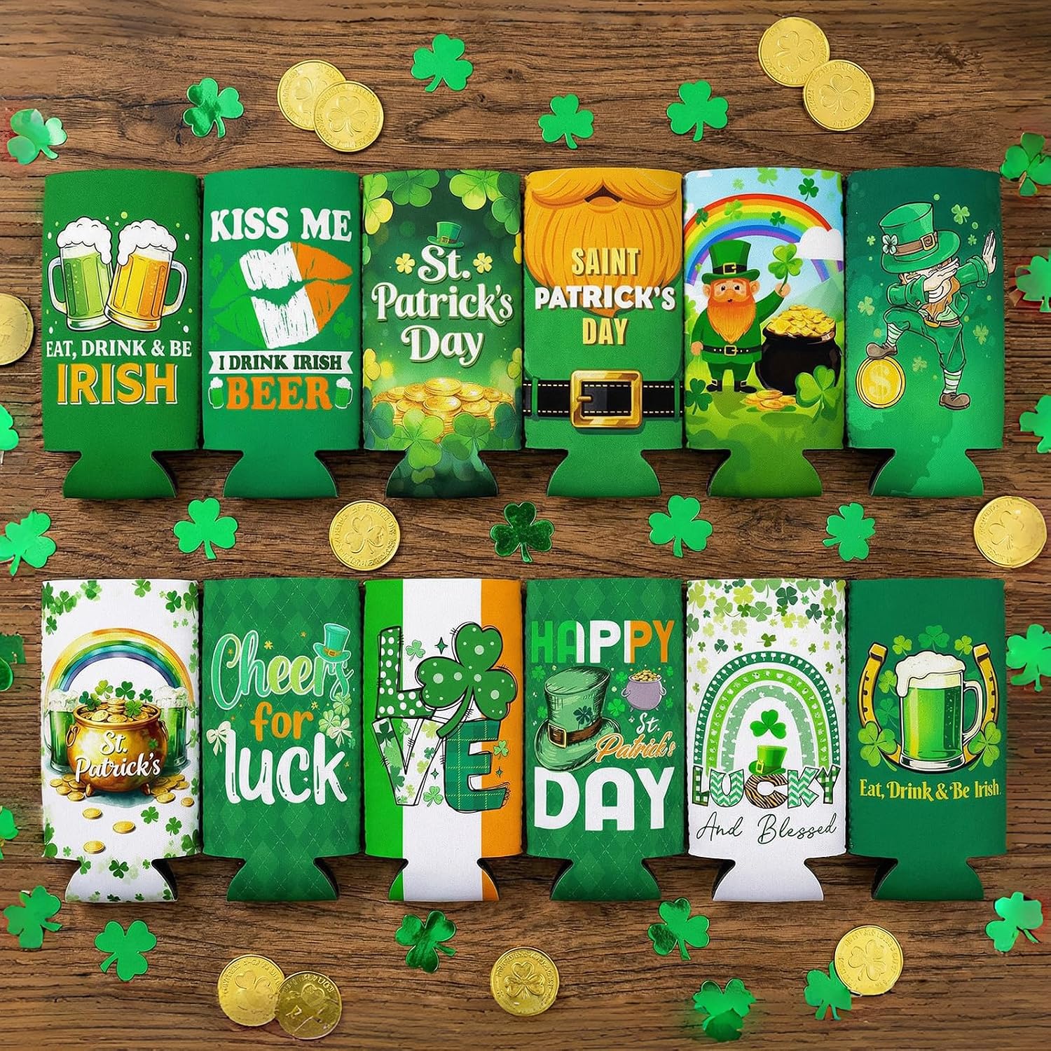 12 Pcs St. Patrick's Day Can Cooler Sleeves St Patricks Day Decorations Insulated Slim Can Coolers Bulk Irish Shamrock Bottle Can Drink Holder Covers for Saint Patricks Day Party Favor Decor Supplies image 4