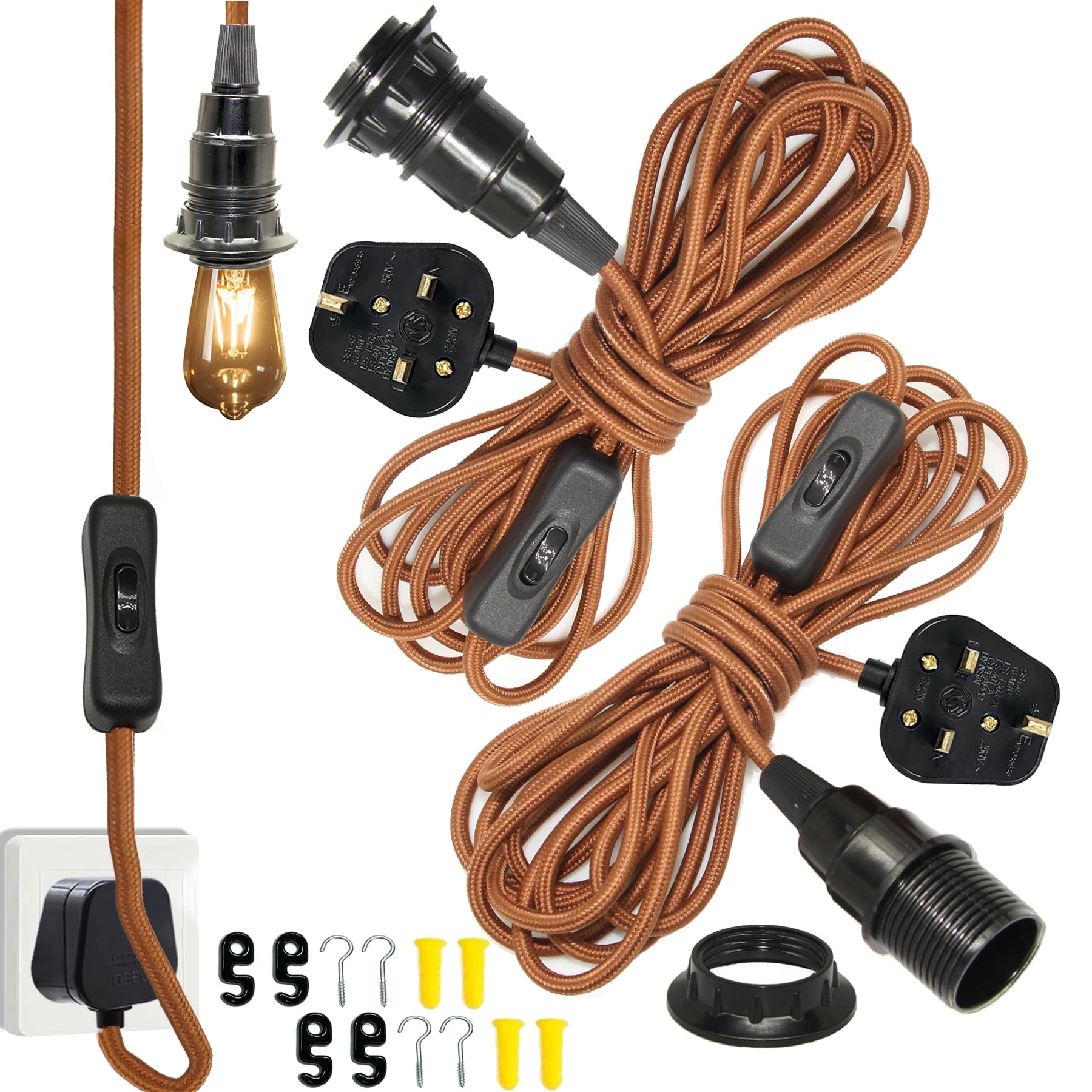 Plug in Pendant Light with 4.5m Extend Nylon Cable, 2PCS E14 Lamp Holder with Switch and Plug, Pendant Light Fitting, Plug in Ceiling Light Fixture, Hanging Lamp for Living Room, Kitchen, Bedroom