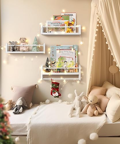 Miniatura 11 de Juego de 3 estantes para libros de guardería para pared, estantería de madera natural blanca, decoración de pared, pequeño organizador flotante para