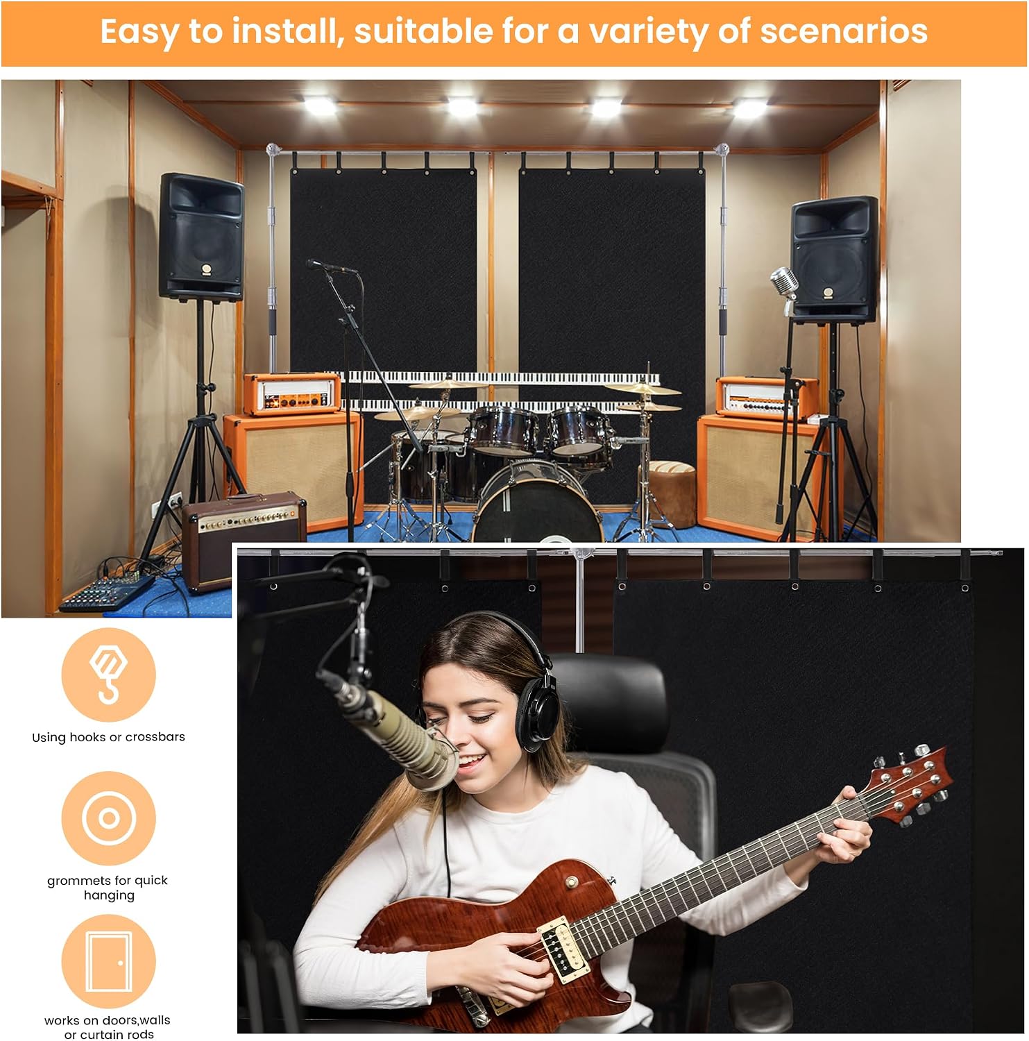 HOMBYS Memory Foam Sound Dampening Blanket, Large 72" x 40" Sound Absorbing Panel with Grommets for Wall Hanging, Noise Reduce Curtains for Recording Studio Use and Basements