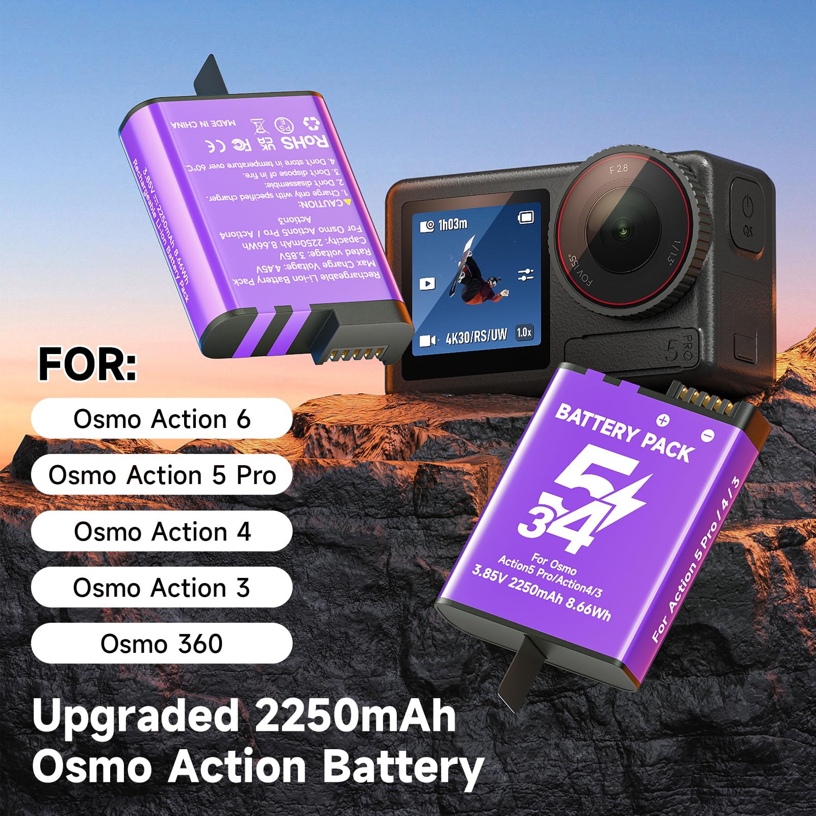 CITYORK 2250 mAh (Paquete de 3) Kit de Cargador de batería para dji Osmo 360/ dji Osmo Action 6 Pro/Action 5 Pro/Osmo 4 /Osmo 3 Sport Camera, y Ranuras de Doble Canal, con Pantalla LCD y Cable USB