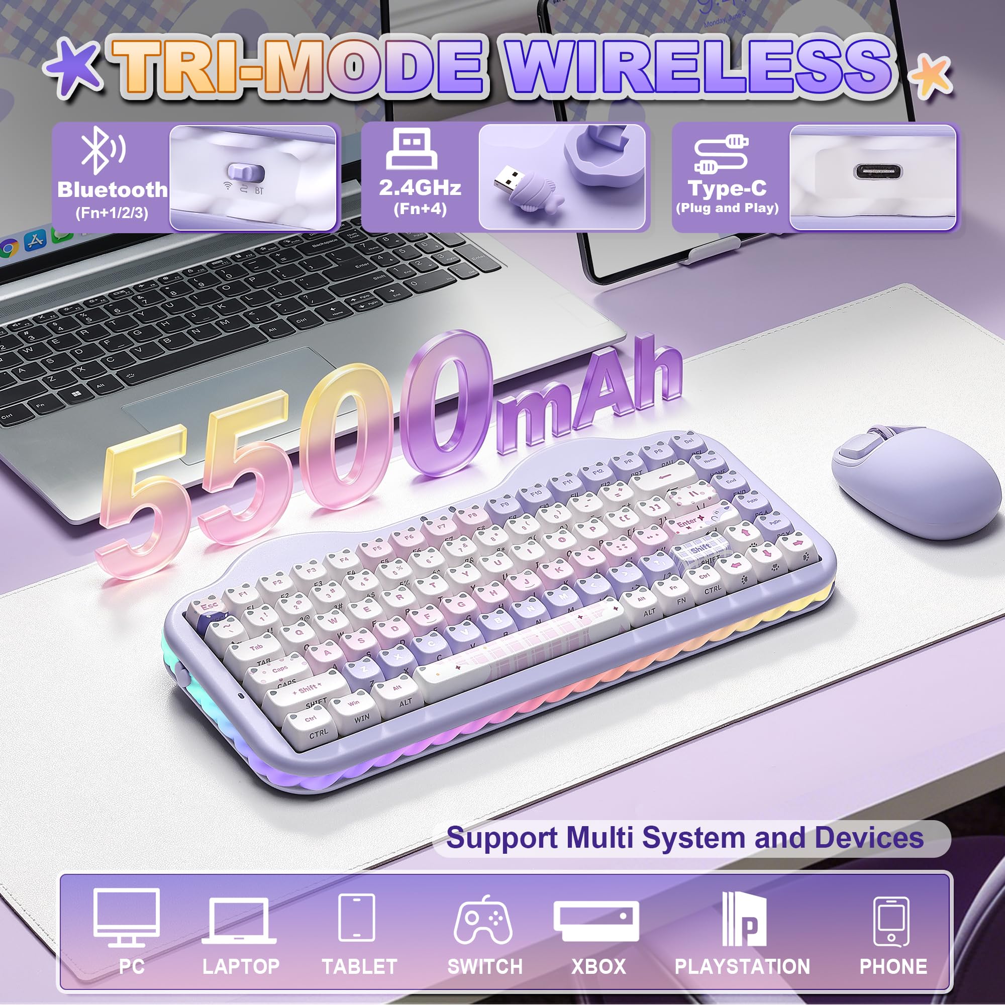 YUNZII C75 MAO Cat Tastiera Meccanica Gaming (Purple, Candy-linear) | 75% Layout, Hot Swap, BT/2.4G/USB-C, PBT Keycaps, RGB Retroilluminata, Suono Cremoso Thocky, NKRO, Cute Keyboard for Gaming
