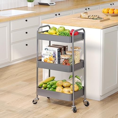 Miniatura 7 de TOOLF Carrito de metal de 3 niveles con ruedas, carrito organizador de almacenamiento para cocina, baño, oficina, artículos esenciales para bebés y