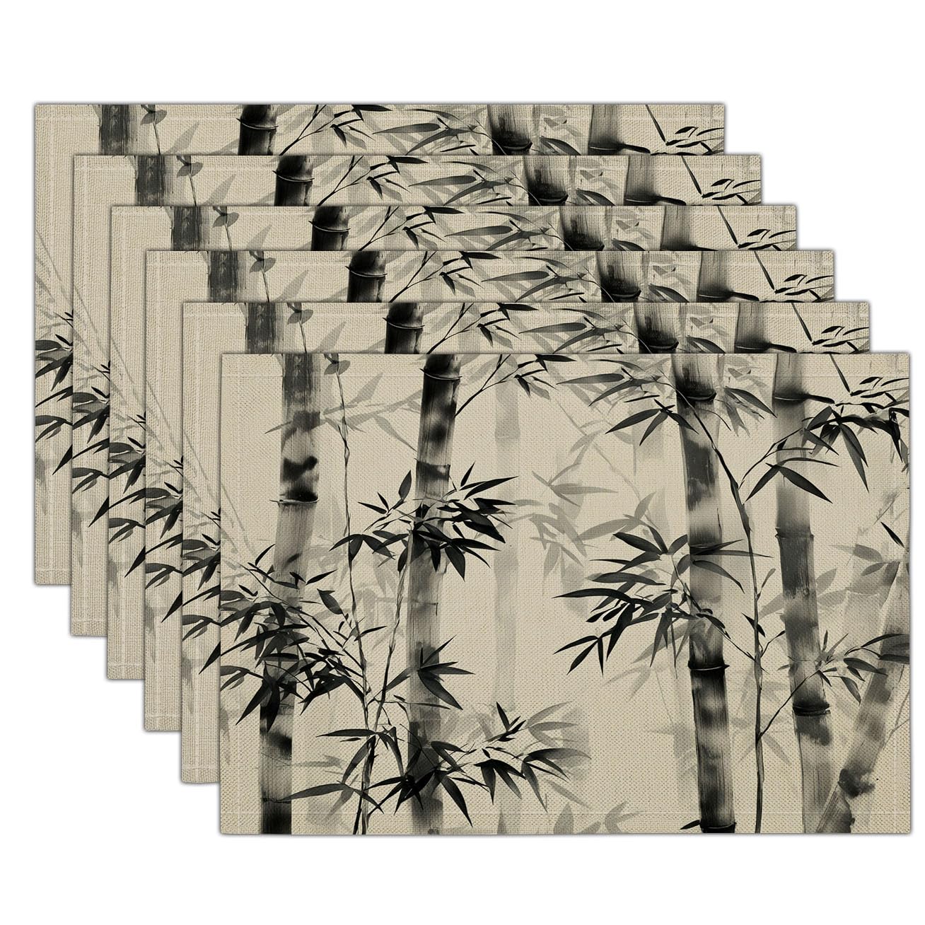Set Di 8 Tovagliette Da Tavolo Foresta Di Bambù In Inchiostro - Illustrazione Cinese Design | Tovagliette Colazione | Americana 45X30Cm | Arazzo Seppia Tessuto Per Sala Da Pranzo - Lavabile