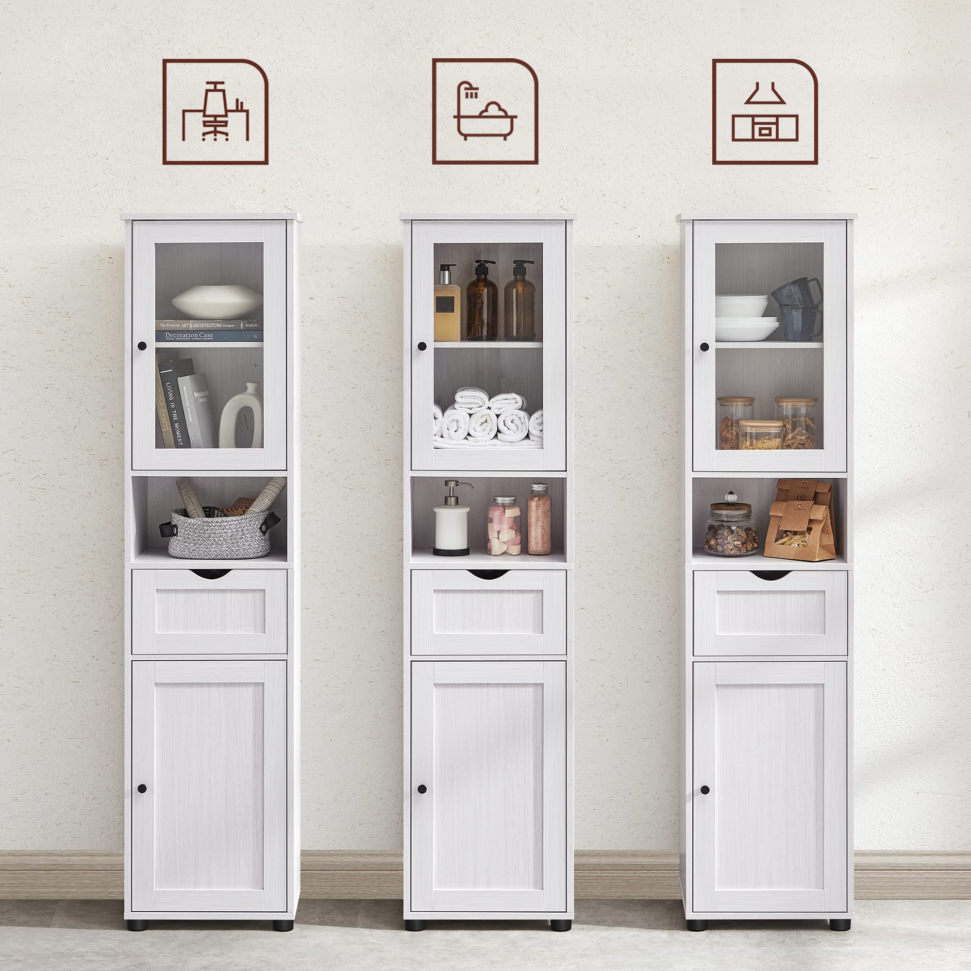 VASAGLE Mueble Baño, Armario Baño, Armario Alto, Compartimento Abierto, Puerta de Cristal, Estrecho, con Patas, Estantes Regulables en Altura, Ahorro de Espacio, Blanco Arce BBK163T44