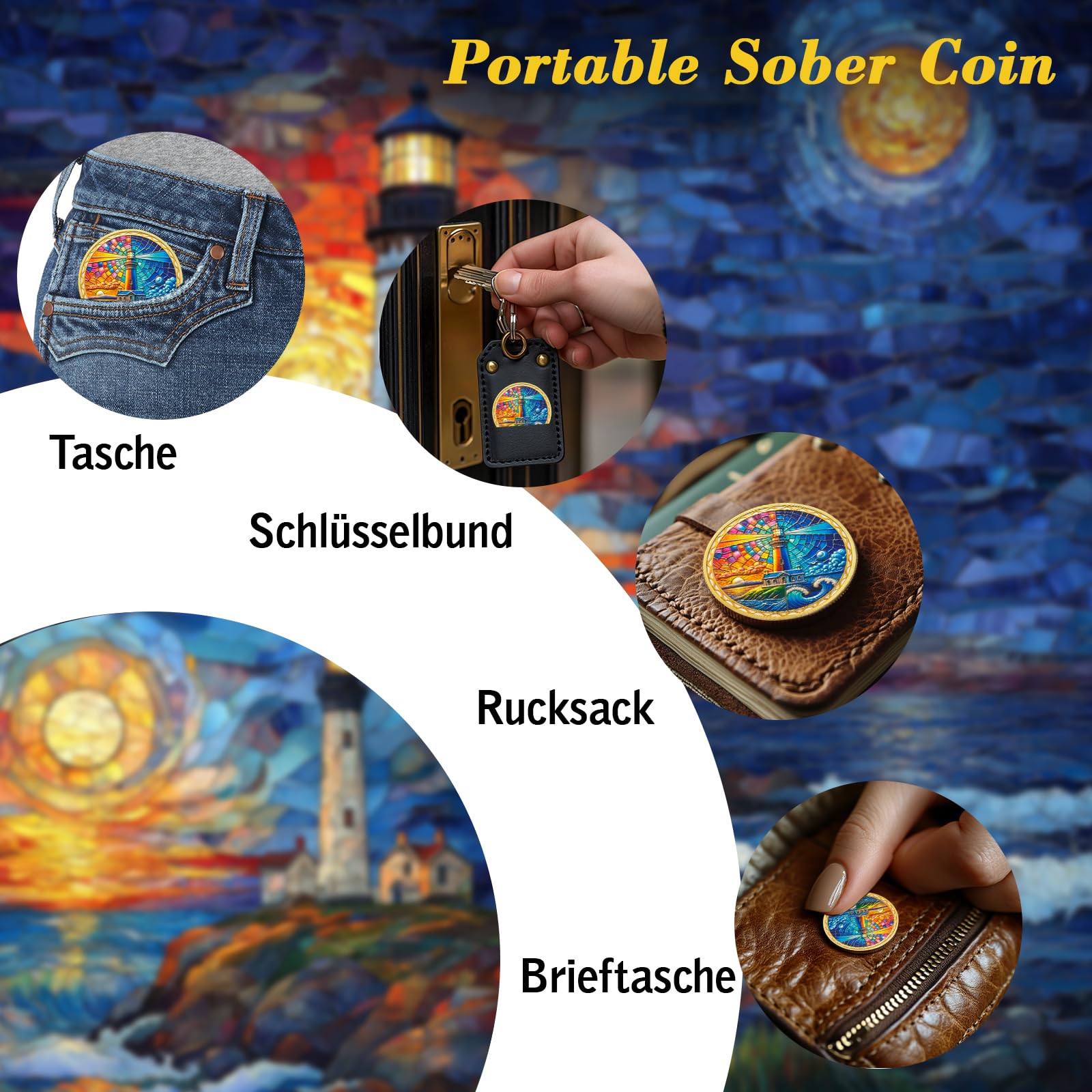 Originale Buntglas-Chips Im Stil Von Nüchternheit, Tag- Und Nachtzyklus, Leuchtturm, Nüchternheit, Nüchternheitsmünze, Nüchternheit, Nüchternheit, Nüchternheit, Geschenke Für Männer Und Frauen