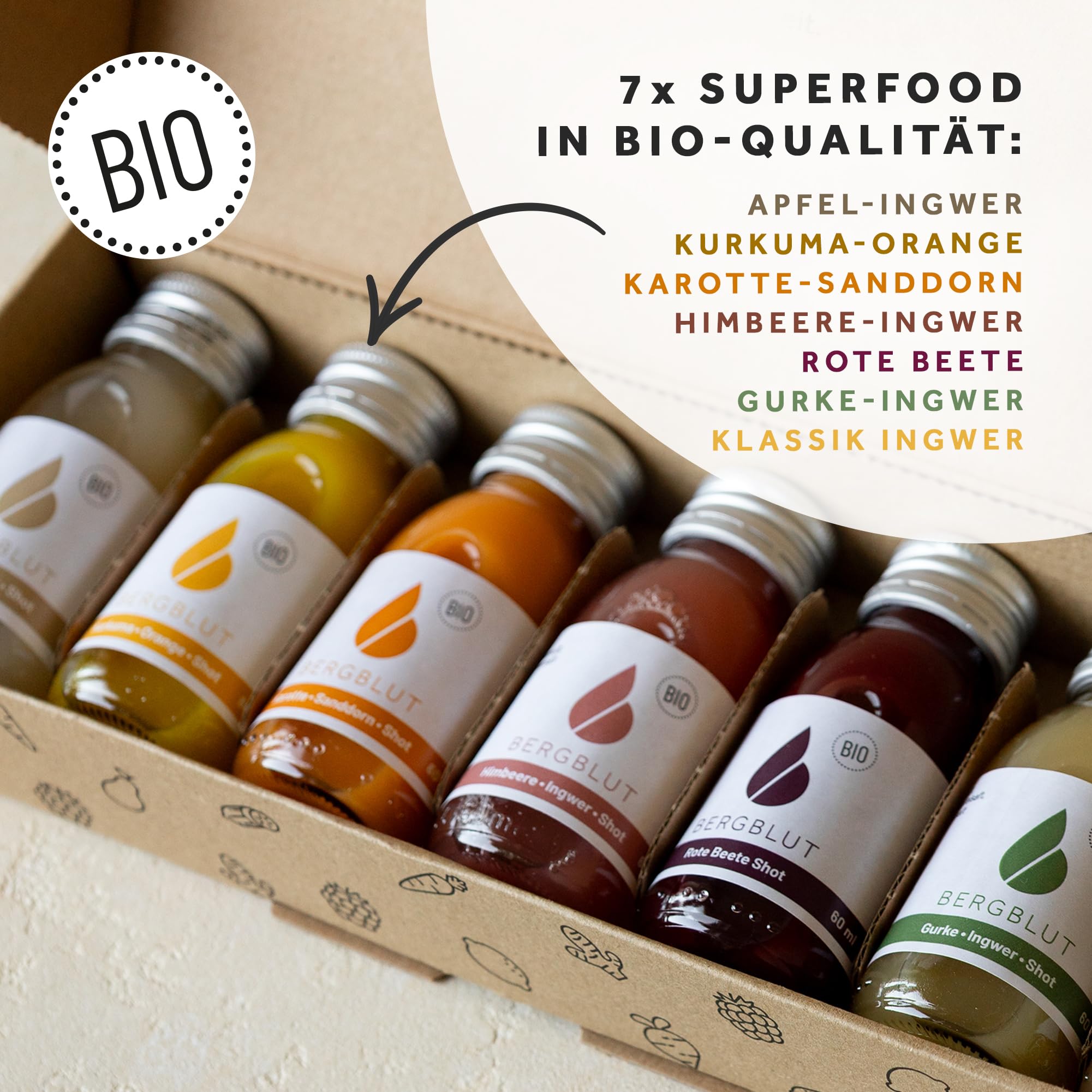 Bergblut Ingwer Shot Mix Box | 7 x 60 ml Bio Shots in verschiedenen Sorten | Direktgepresst & Ohne Zusatzstoffe | Ingwershot Vegan & 100 % natürlich | Saftkur Alternative