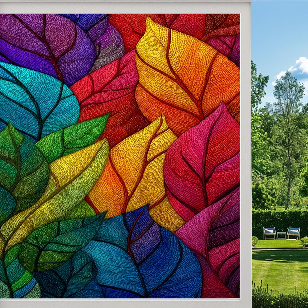 Pmlbaous Natural Leaves Privacy Window Film, Colorful Natural Texture Frosted Self-Adhesive Vinyl Cling For Glass Doors Bathroom Windows Sun Blocking Heat Control, （70X100cm）
