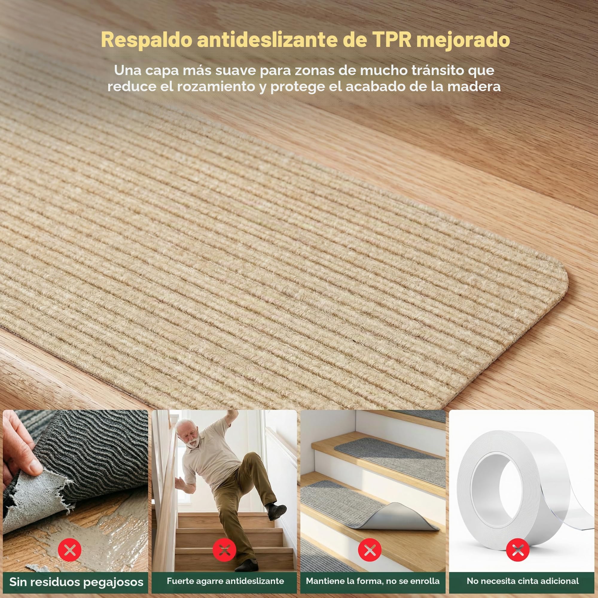 MBIGM 20cm X 76cm (Paquete de 15) Alfombras Antideslizantes Peldaños de Escalera Alfombrilla Antideslizante Interior para niños Mayores y Mascotas con Adhesivo Reutilizable, Camello