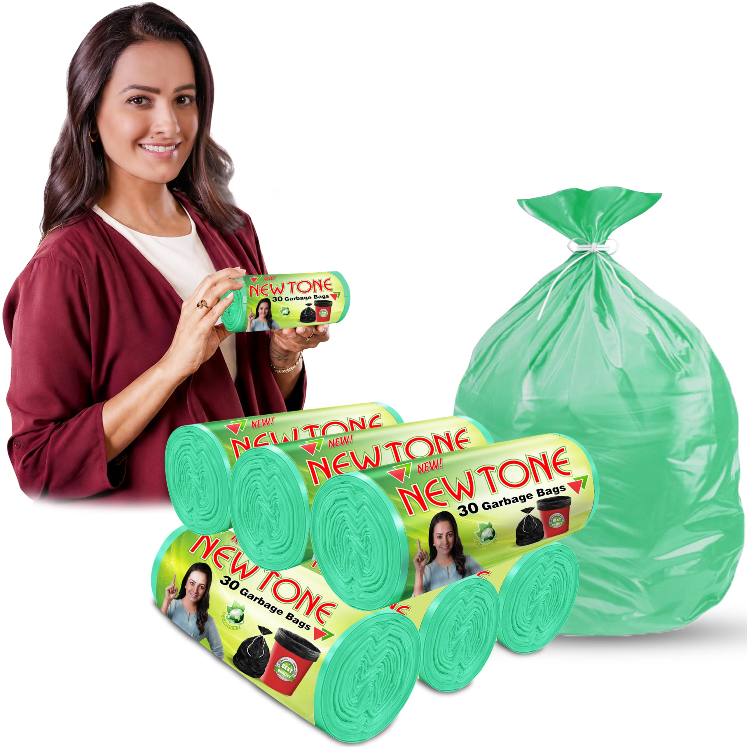 Newtone Garbage Bags | Small 17 X 19 Inches | 180 Bags (30 Bags X 6 Rolls) | Dustbin/Trash bin | Pouch Packing | (Green)