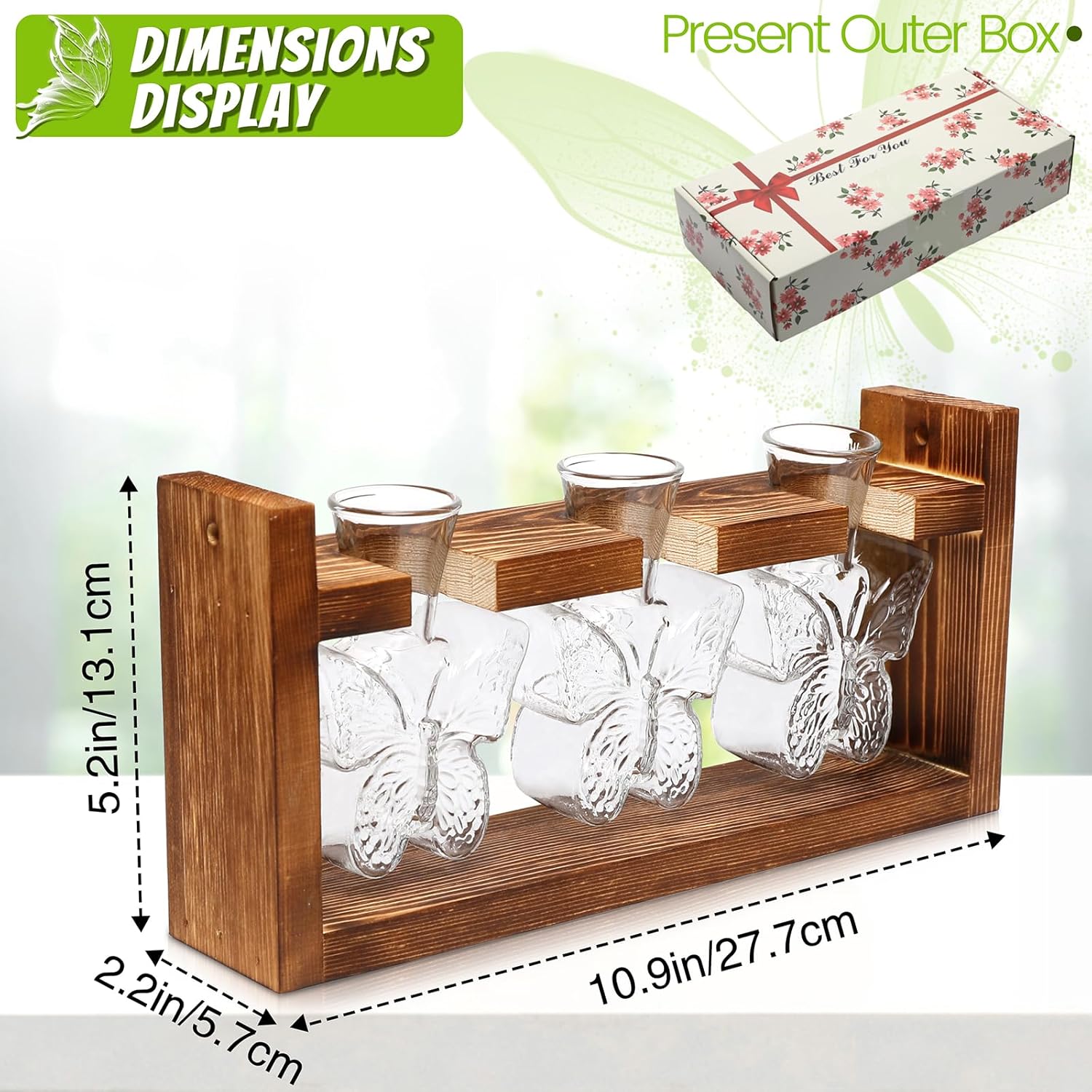 Glass Plant Propagation Station Butterfly Planter Vase with Wooden Stand Birthday Gifts for Women Mom Plant Lovers Office Home Decoration - Image 2