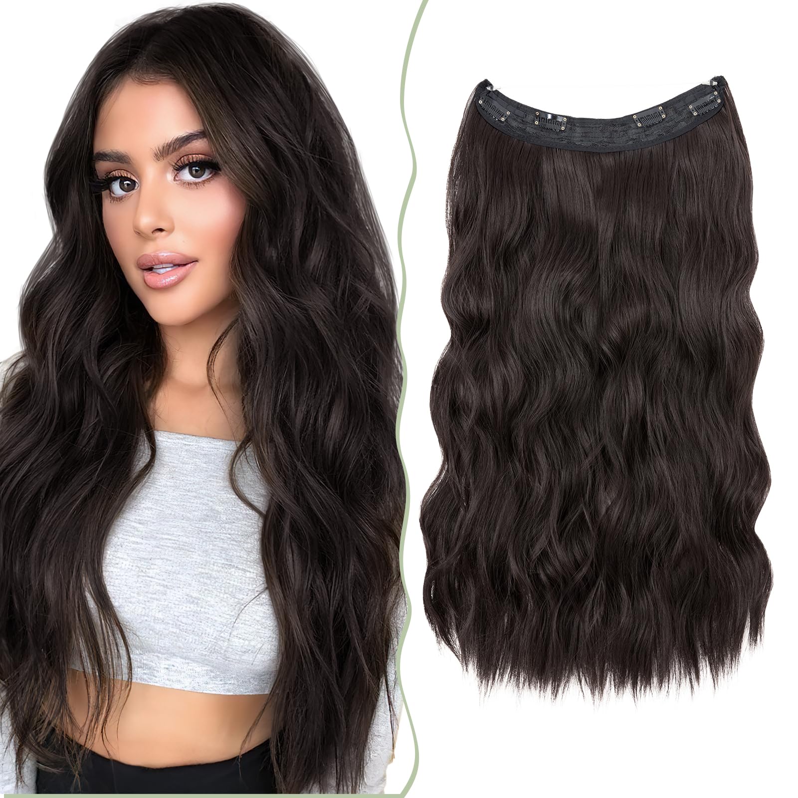 60cm SEGO Extensiones de Hilo Invisible con 4 Clips Pelo Sintético Se Ve Natural Una Pieza Rizada Cabello Ajustable Postizo (#4A Castaño Oscuro,160g)