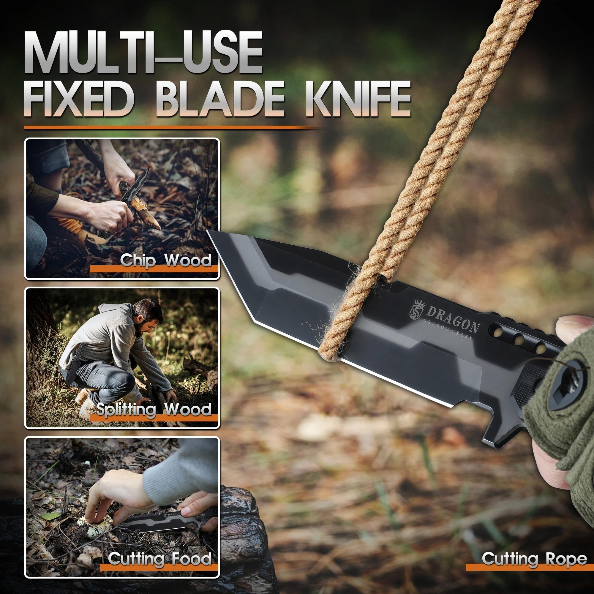 Dragon Creek Outdoor-Messer mit feststehender Full-Tang-Klinge – 5mm Klingenstärke, 15° V-Schliff, ergonomischer Griff, Kydex-Scheide, für Camping & Outdoor (Schwarz)